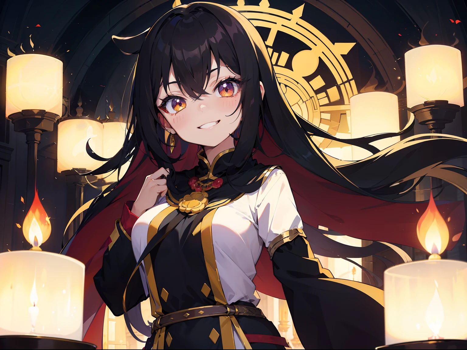 bright look,The smile is bright,Long black hair shawl。She loves to tease,And with a smug look。Dressed in brightly colored court costumes。Background with:Inside the magnificent palace,Candles flicker,The atmosphere seemed warm and oppressive。