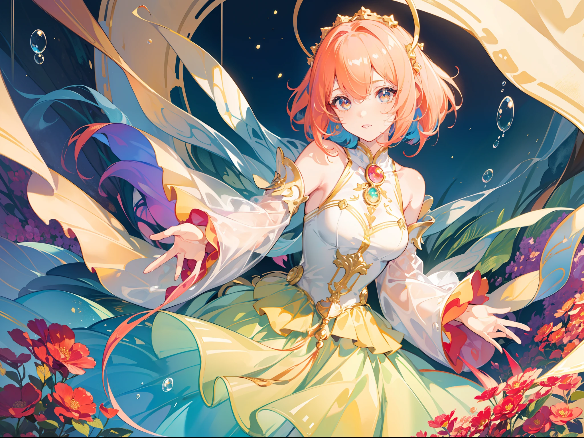 masterpiece, best quality, 8k resolution, sharp focus, intricate detail, beautiful girl, sparkling eyes, golden ratio face, otherworldly liquid, watercolor, warm colors, bright colors, whimsical, colorful, sharp focus, high resolution, fine detail, ((layered tiered puffy long sleeves ballgown)), ((round eyes)), iridescent bubbles, fantasia background