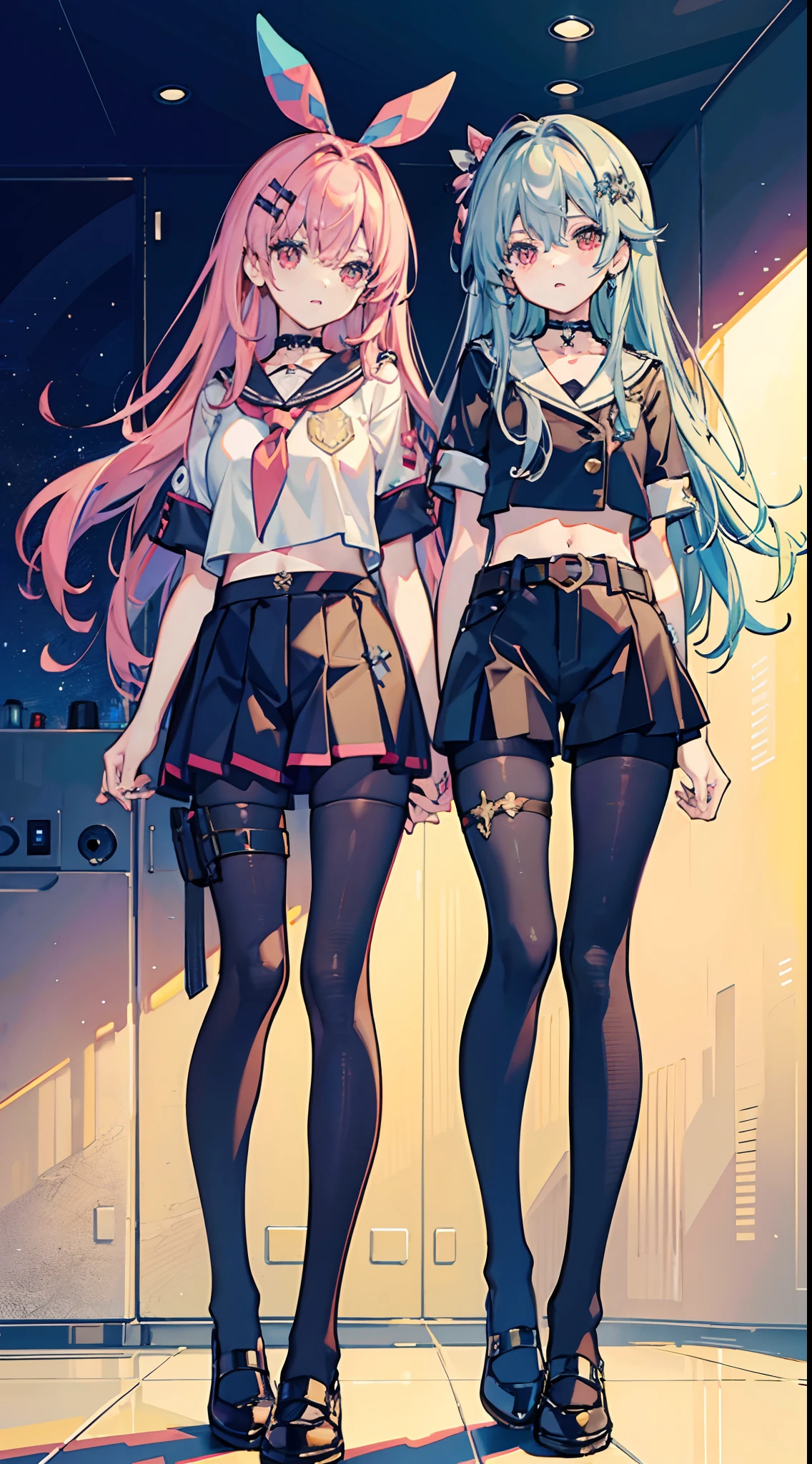 ,twins, masterpiece,best quality,official art,extremely detailed CG unity 8k wallpaper, 2girls, adorable girl, yuri, hair ornament, short shorts, crop top, pantyhose, ribbon_choker, leg belt,