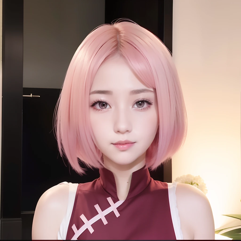Sakura uchiha. A woman with short, fluffy pink hair. Wearing a red sleeveless kimono with white trim. His skin is so white. And her cheeks blushed. Her little red lips. He stared at sayu in the camera. She looks beautiful and realistic