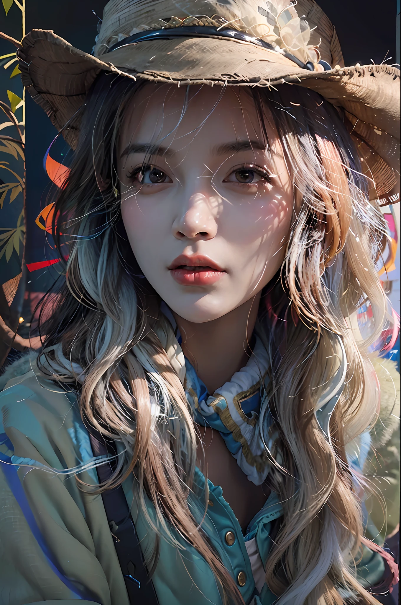 Hyperrealist portrait of female by david hockney and alphonse mucha,fantasy art, photo realistic, dynamic lighting, artstation, poster, volumetric lighting, very detailed faces, 4 k, award winning,, 1girl, in the dark, deep shadow, low key,cowboy shot,(official clothing:1.4) ,long hair,white hair,