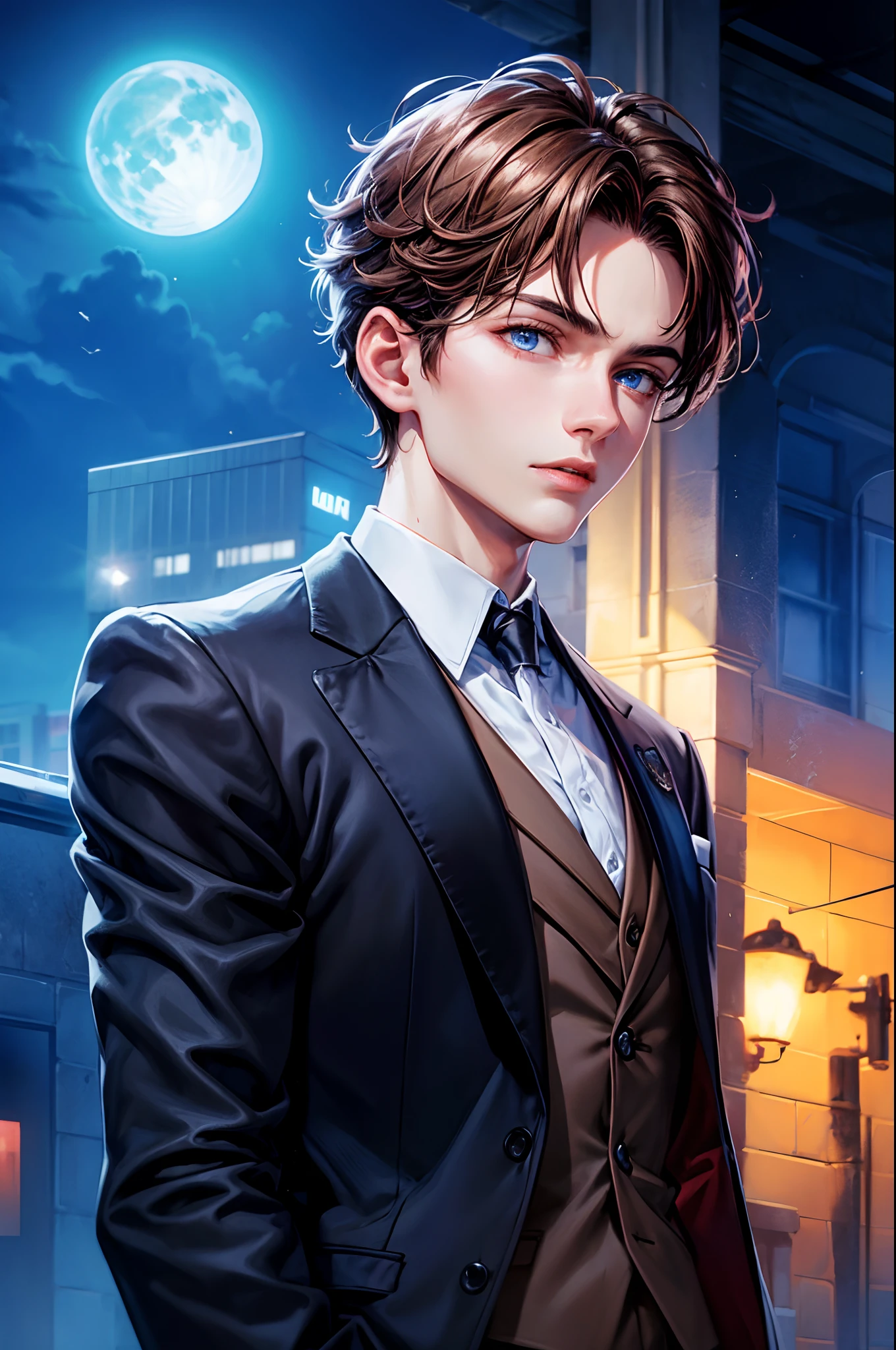 masterpiece, 19 years old man wearing a black suit jacket with red tie, blue eyes, brown hair, red sky background, rim lighting