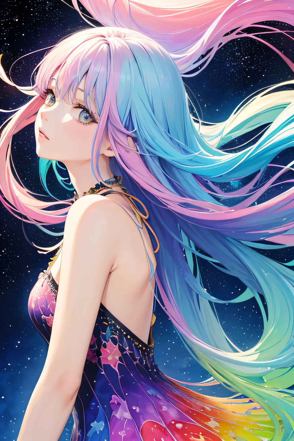 (masterpiece, top quality, best quality,watercolor (medium),official art, beautiful and aesthetic:1.2),(1girl:1.3), (fractal art:1.3),upper body, from side, looking at viewer,patterns,(rainbow color Hair,colorful hair,half blue and half pink hair:1.2),water,liquid, cloud,colorful, starry,stars,