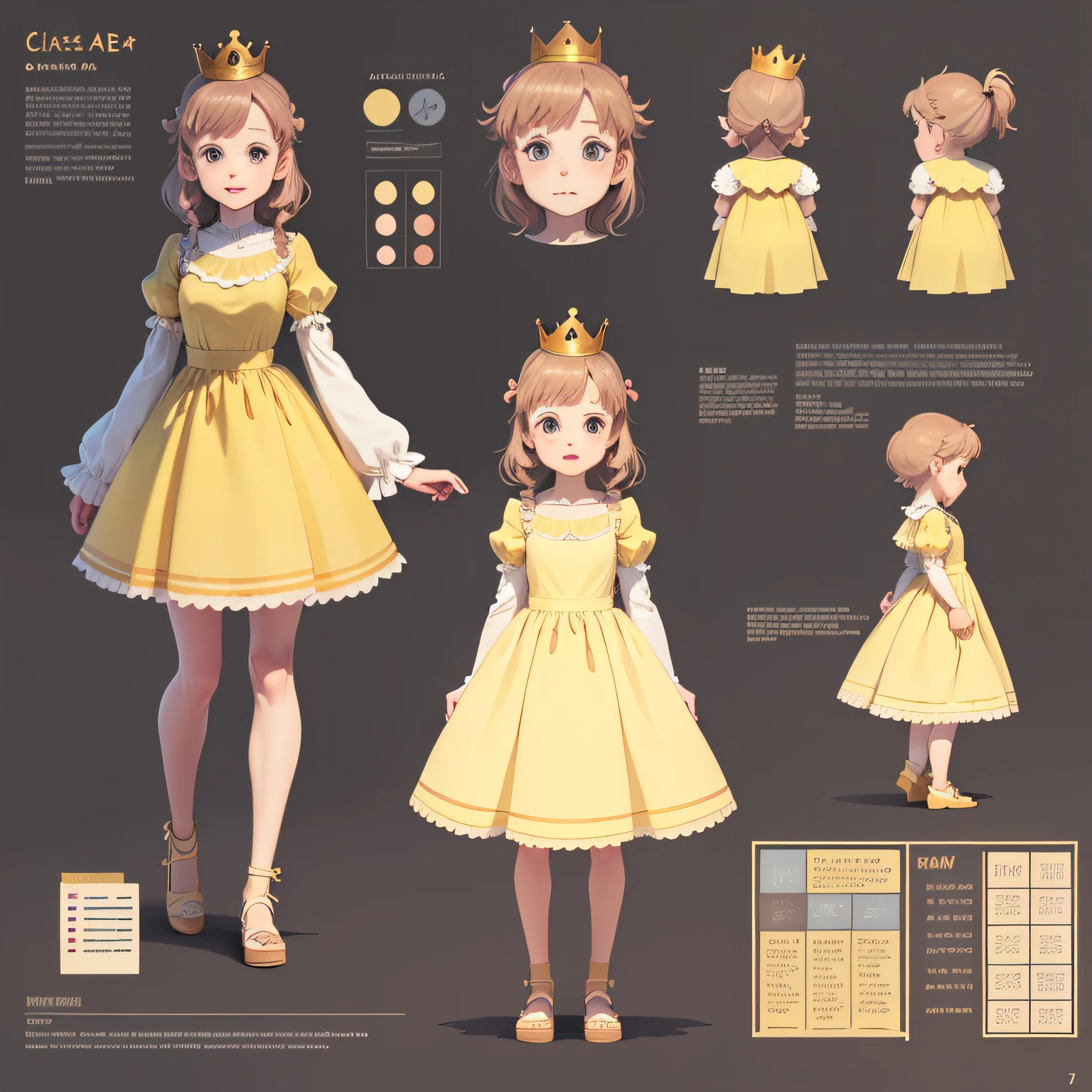 cute girl, yellow princess dress, crown on head, different angles, character sheet, Ghibli style, 's book, illustration,reference sheet, various poses, full body, 6 different poses