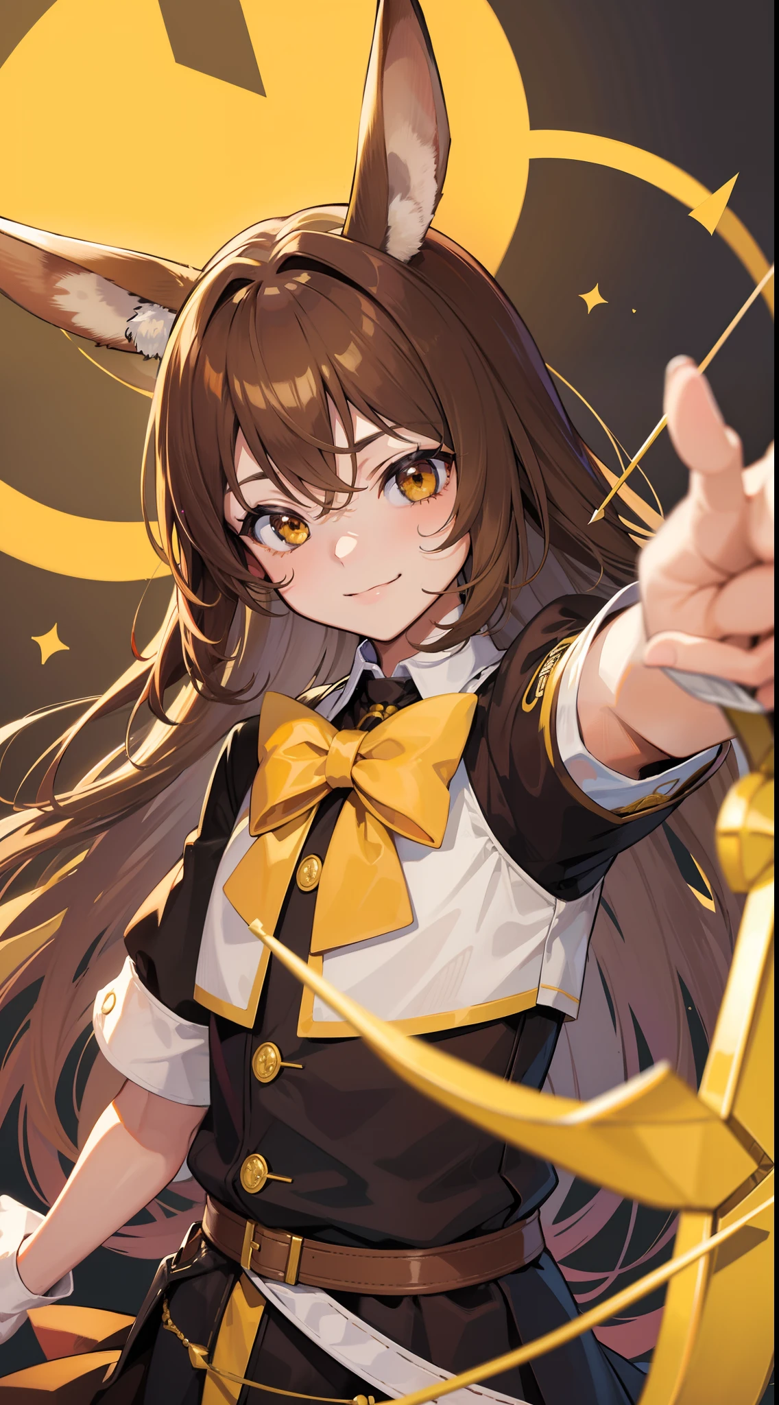 Young guy, Brown hair with blonde strands, Yellow eyes, brown rabbit ears, Smile, Bow and arrow, Masterpiece, hiquality