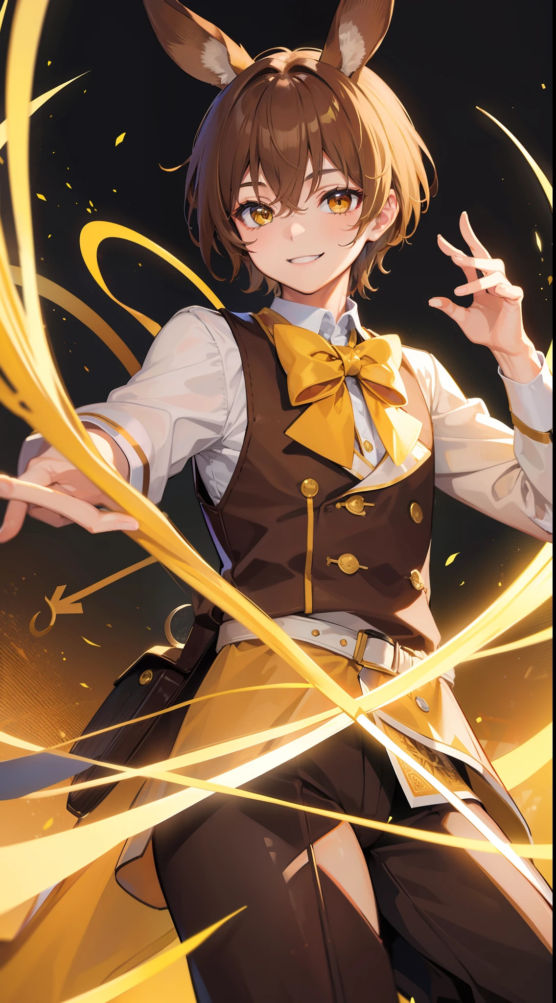 Young guy, Brown hair with blonde strands, Yellow eyes, brown rabbit ears, Smile, Bow and arrow, Masterpiece, hiquality