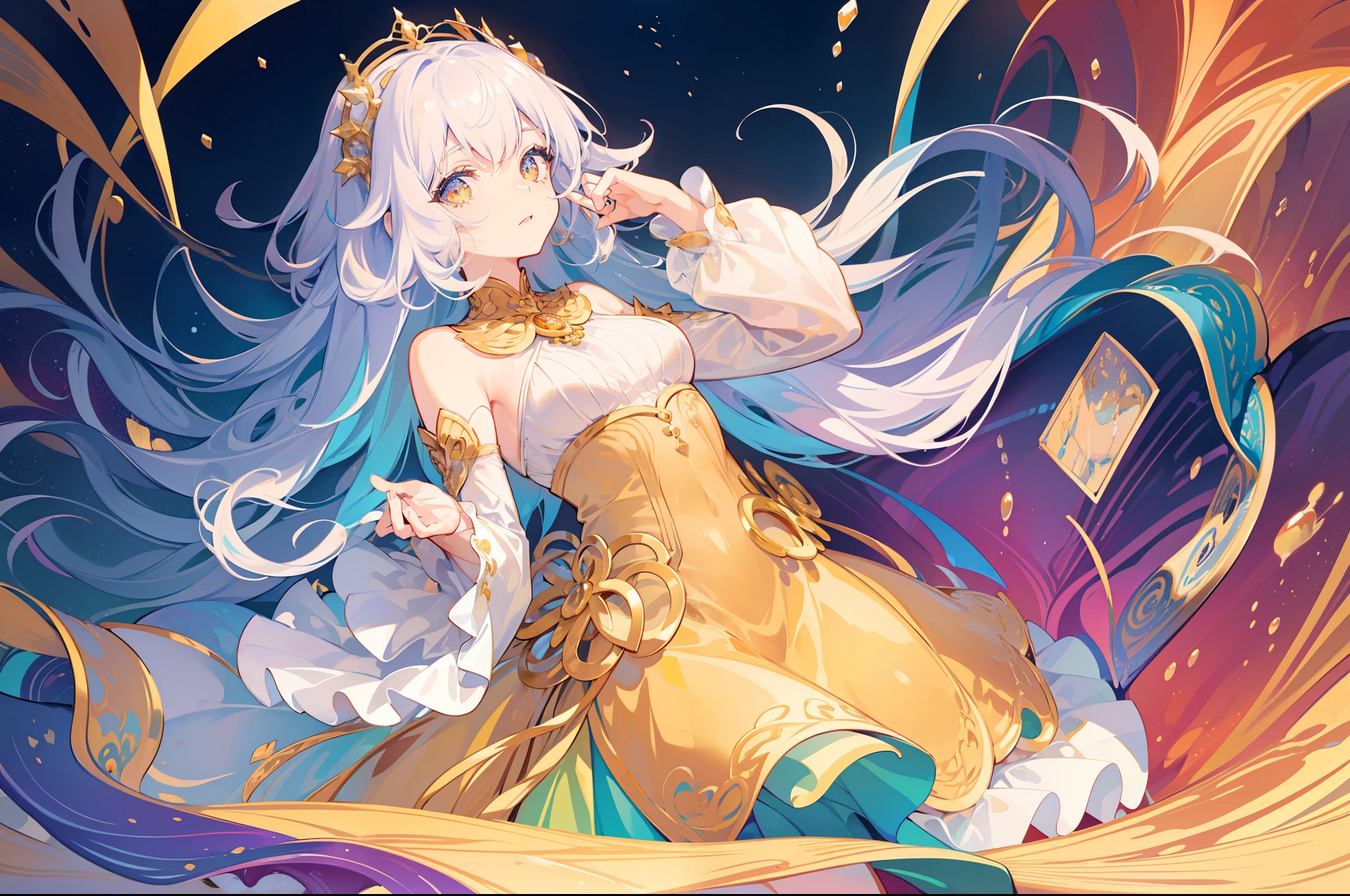 masterpiece, best quality, 8k resolution, sharp focus, intricate detail, beautiful girl, sparkling eyes, golden ratio face, otherworldly liquid, watercolor, warm colors, bright colors, whimsical, colorful, sharp focus, high resolution, fine detail, ((layered tiered puffy long sleeves ballgown)), ((round eyes)), iridescent bubbles, fantasia background