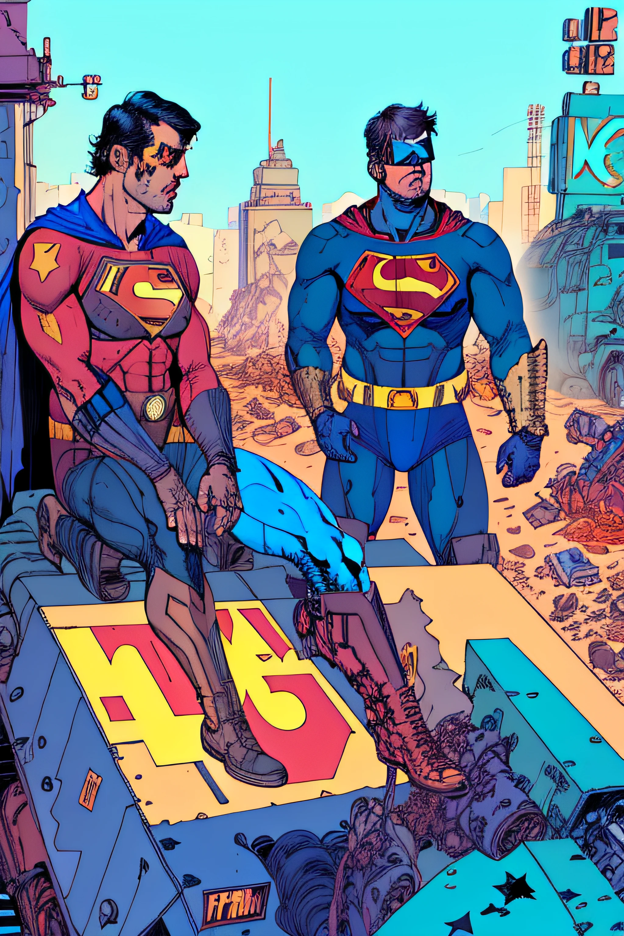 batman and superman hangover on junkyard, by josan gonzalez