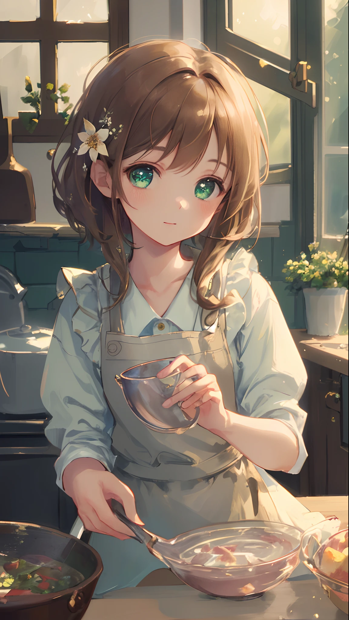 masterpiece, best quality, illustration, "1girl cooking in a charming vintage kitchen with a cozy cottage atmosphere, enchanting fairies dancing in the sunlight peeking through the window, lovely light brown hair, captivating light green eyes, apron." 1girl, cute, (dynamic lighting:1.2), cinematic lighting, delicate facial features, detailed eyes, sharp pupils, realistic pupils, depth of field, bokeh, sharp focus, (hyper-detailed, bloom, glow:1.4), many small gems