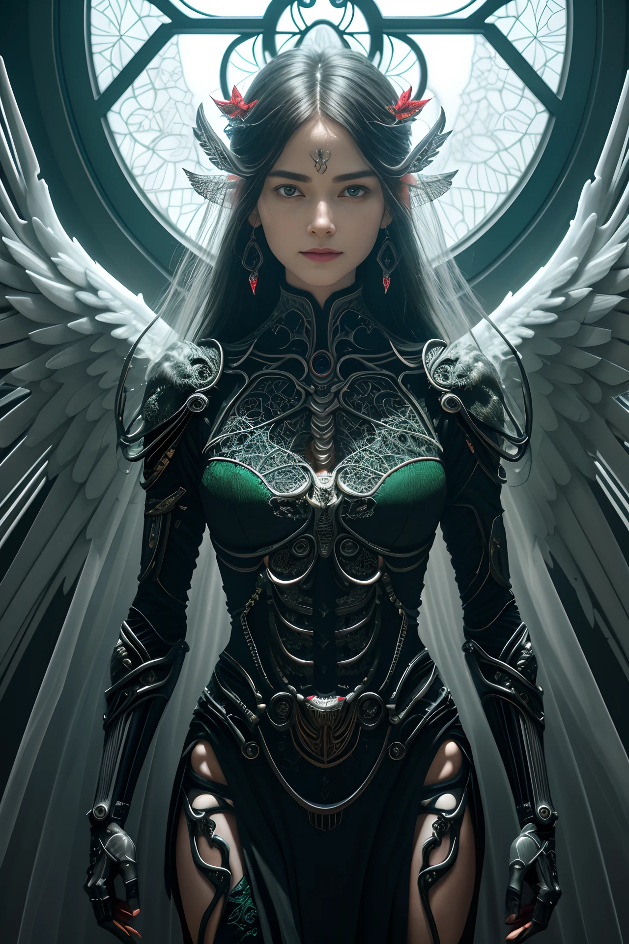 Intricate 3D rendering of the beautiful angel of death、biomechanical cyborg、Analog 150mm lens、Nice natural soft edge light、Neon veins、Root、Delicate leaf lace、Color details、Boris Bidjan Saberi costume、Emerald earrings、Art Nouveau fashion embroidery、intricately details、Staggered mesh lines、Mandelbrot fractal、face muscles、micro Chip、lotr、hyper realisitc、octane,Volumetriclighting,8K and post-production,Red white with a bit of black,Metal skeleton detail,Half-human,irridescent,Glenn Brown style,Futuristic room、The power of God、high-angle shot、Complex body posture,Fierce eyes and an evil smile,Breathtaking