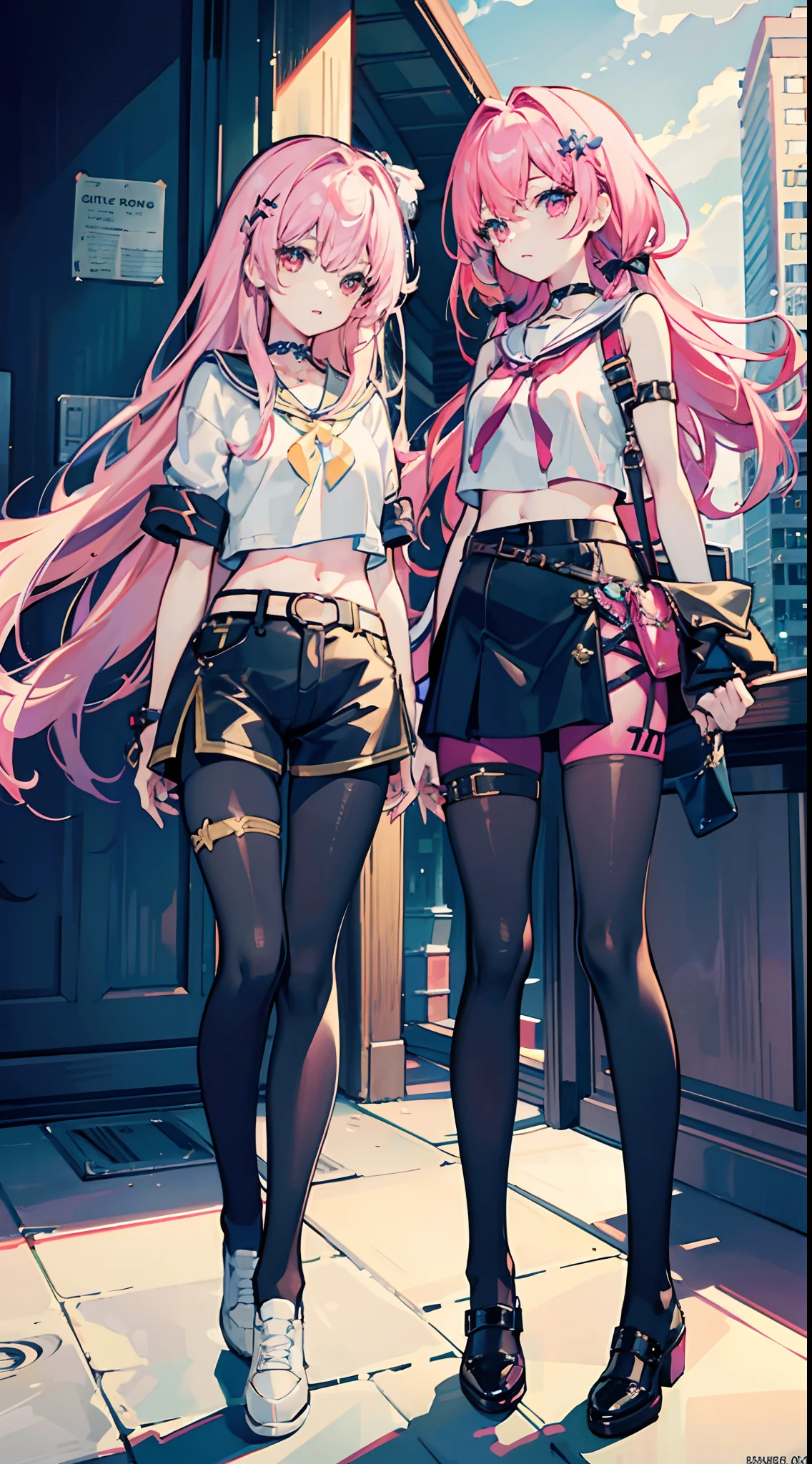 ,twins, masterpiece,best quality,official art,extremely detailed CG unity 8k wallpaper, 2girls, adorable girl, yuri, hair ornament, short shorts, crop top, pantyhose, ribbon_choker, leg belt,