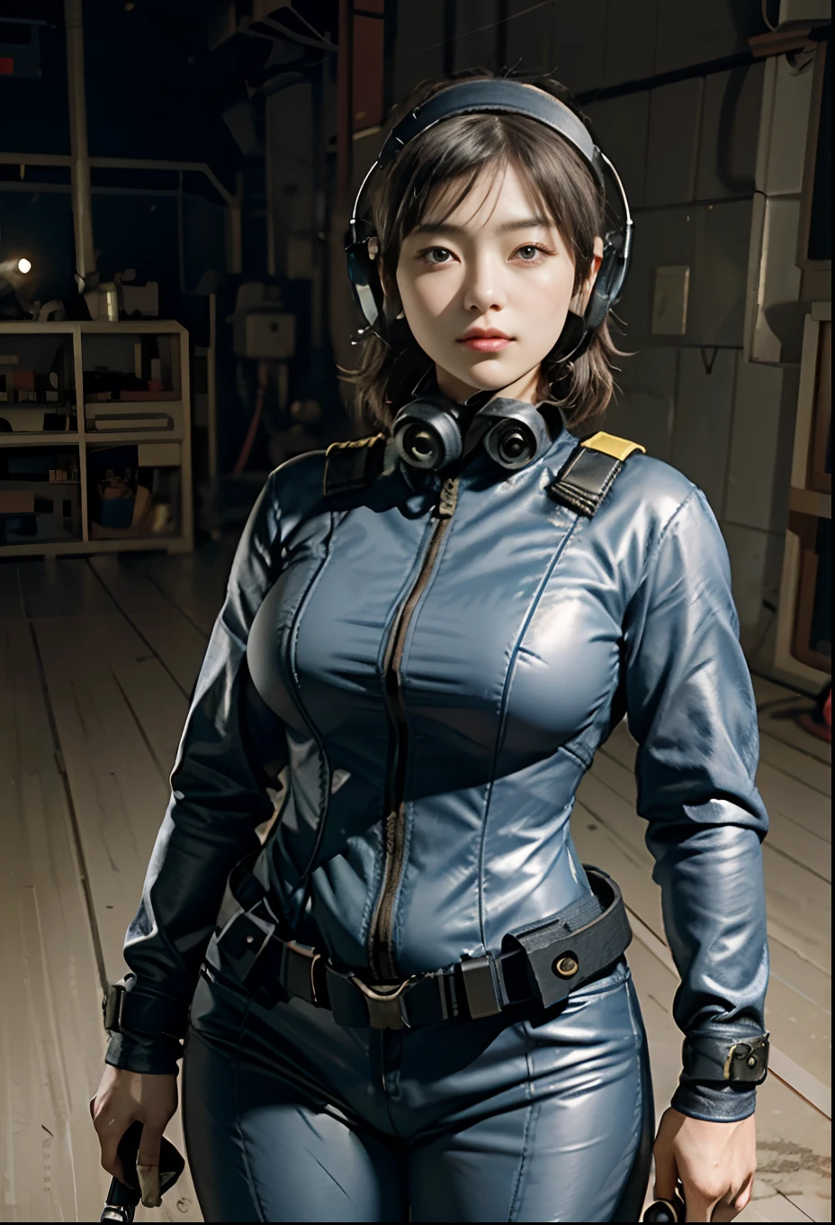 Highest image quality, outstanding details, ultra-high resolution, (realism: 1.4), ((face shot:0.5)), the best illustration, favor details, highly condensed 1girl, (perfect proportion, muscular:1.25, chubby:0.65), delicate and beautiful face, ((cowboy shot)), (wearing racing suit likes police uniform, black and gray mecha, wearing high-tech headset and mask, military harness, holding a machinegun), peoples confusing, fires, smokes,