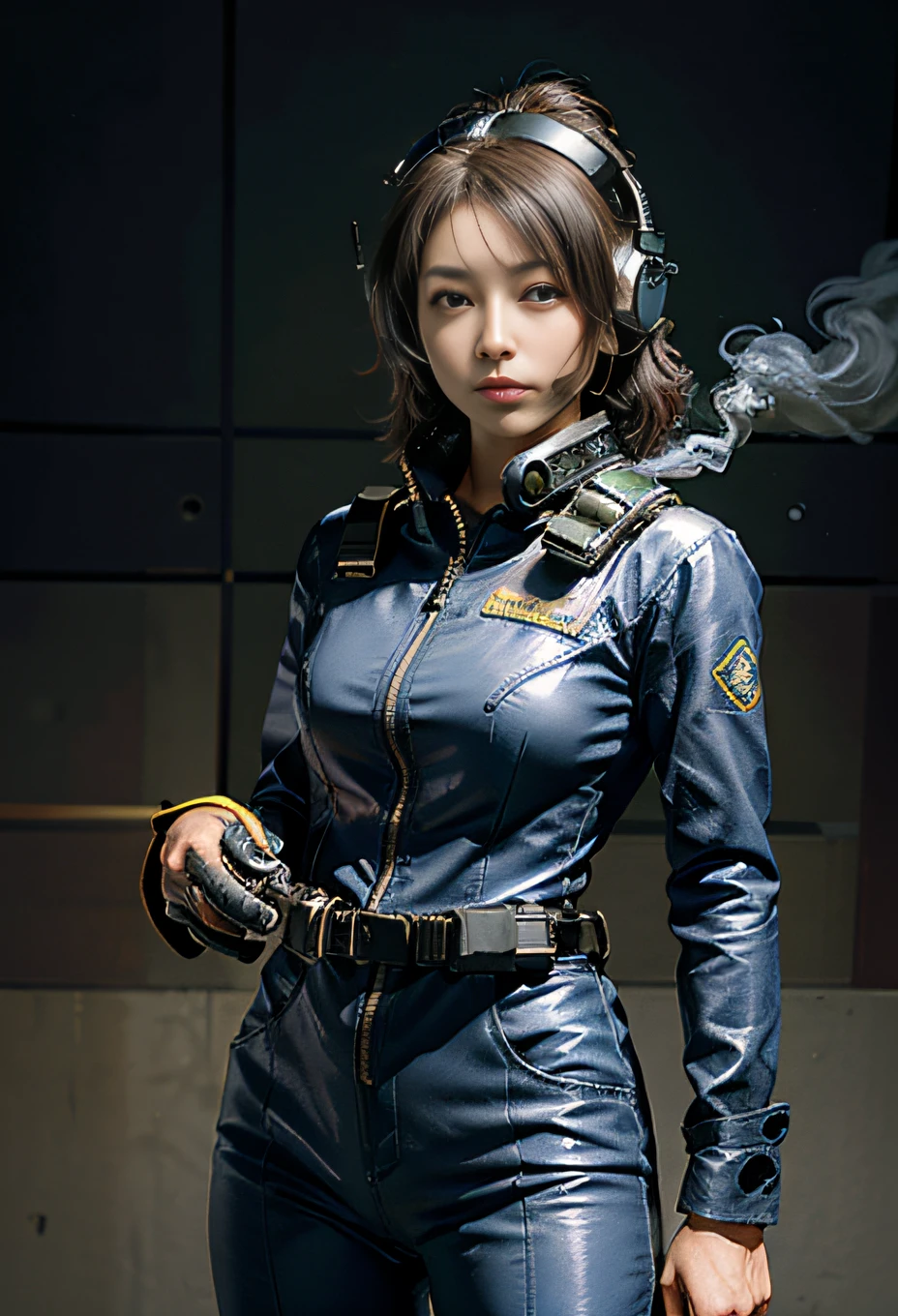 Highest image quality, outstanding details, ultra-high resolution, (realism: 1.4), ((face shot:0.5)), the best illustration, favor details, highly condensed 1girl, with a delicate and beautiful face, ((cowboy shot)), (wearing racing suit likes police uniform, black and gray mecha, wearing high-tech headset and mask, military harness, holding a machinegun), peoples confusing, fires, smokes,