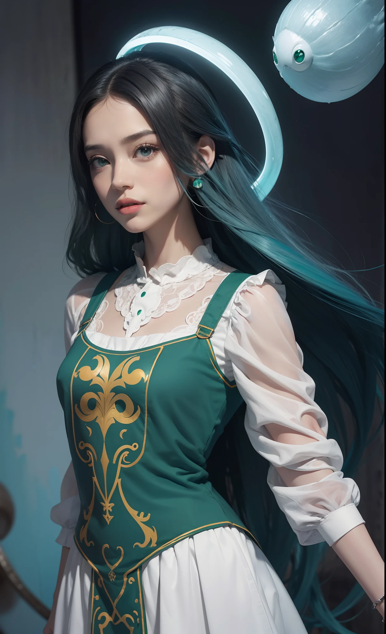 arte conceitual, ângulo superior de um Will-o'-the-wisp, vestindo Funny Somali Emerald laranja profundo Pinafore, cabelo estilizado como cabelo curto, gravata de cabelo castanho fluorescente, equiretangular 360, Highres, [(arte de Willi Baumeister:1.1), (arte de John T. Biggers:1.2)::17], arte oficial, papel de parede Unity 8k, meio detalhado, aesthetic, obra-prima, melhor qualidade, fotorrealista