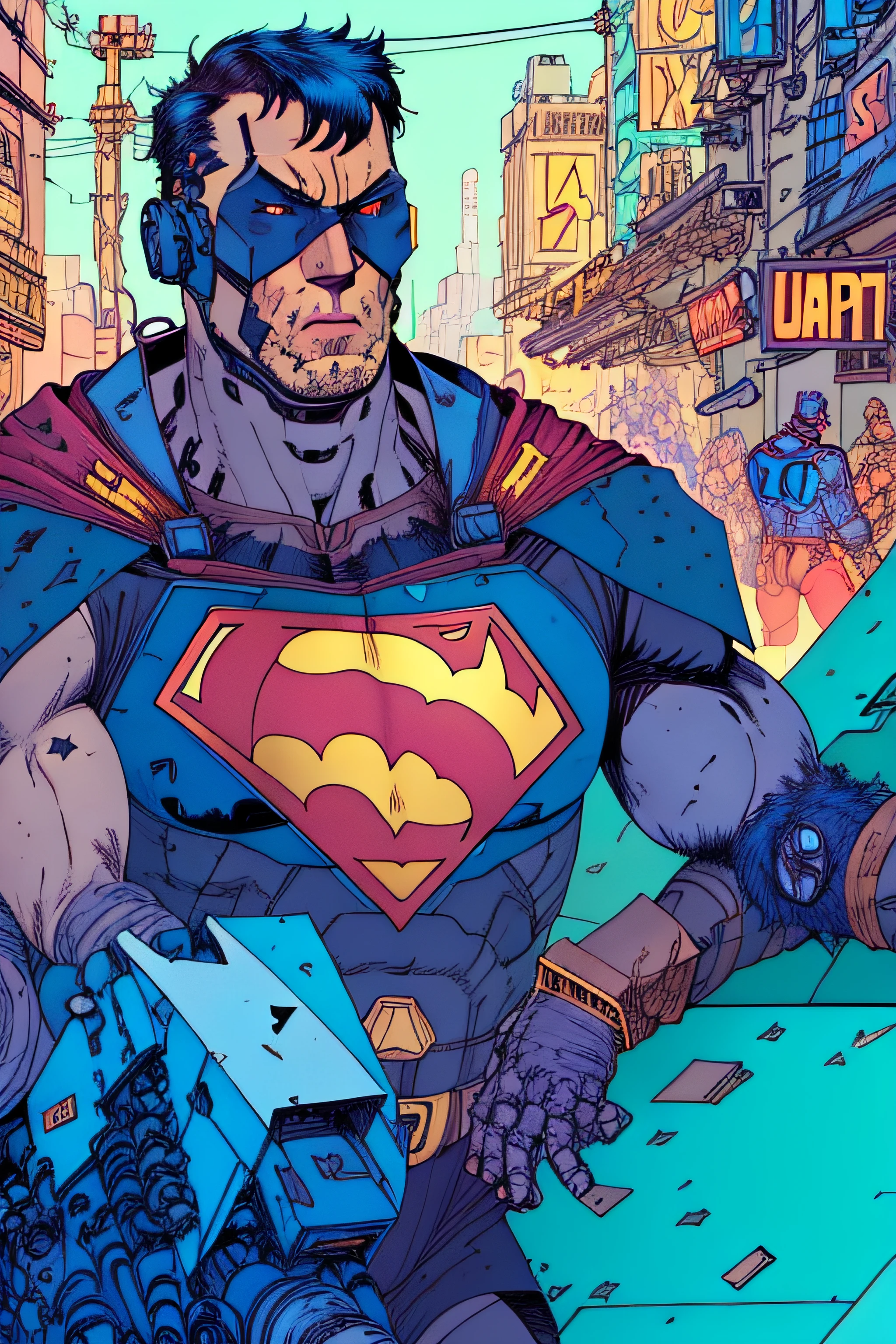 batman and superman hangover on junkyard, by josan gonzalez