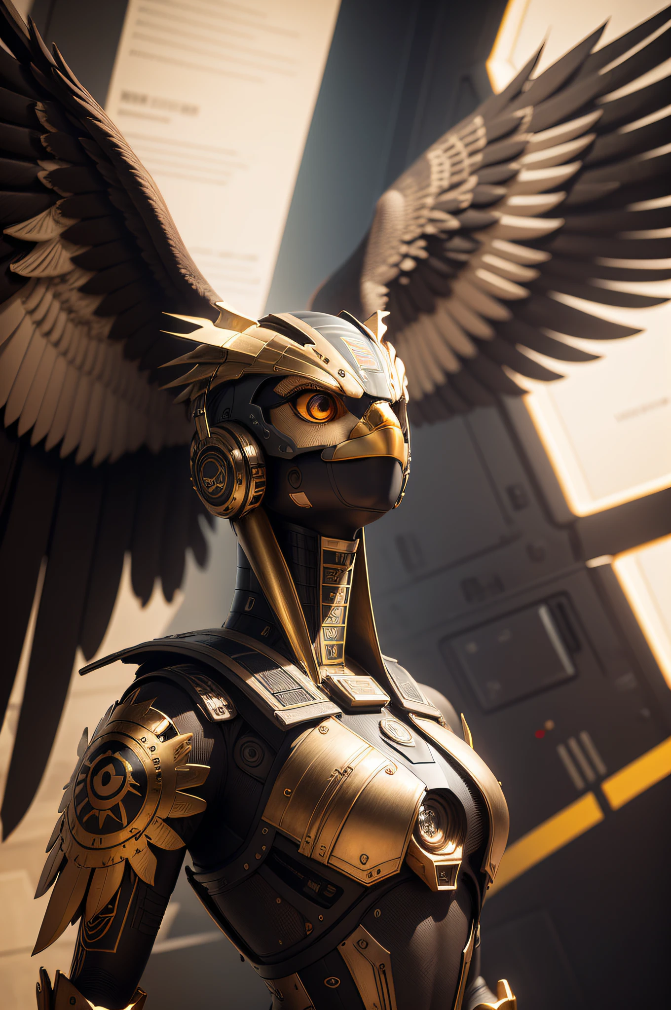 Egyptian eagle with a pattern on its wings, Mechanicalgirl, Roboto ..3d, (biomachine:1.3), (Egyptian eagle:1.2), Vivo, ..3d (Cor:1.2), Hans Giger, (Zentangl:1.2), Granulado, extremamente detalhado , detalhes intrincados, dynamic lighting, fotorrealista, luz natural, H baixo, master part, circunstanciado, Futuristic, 8k.