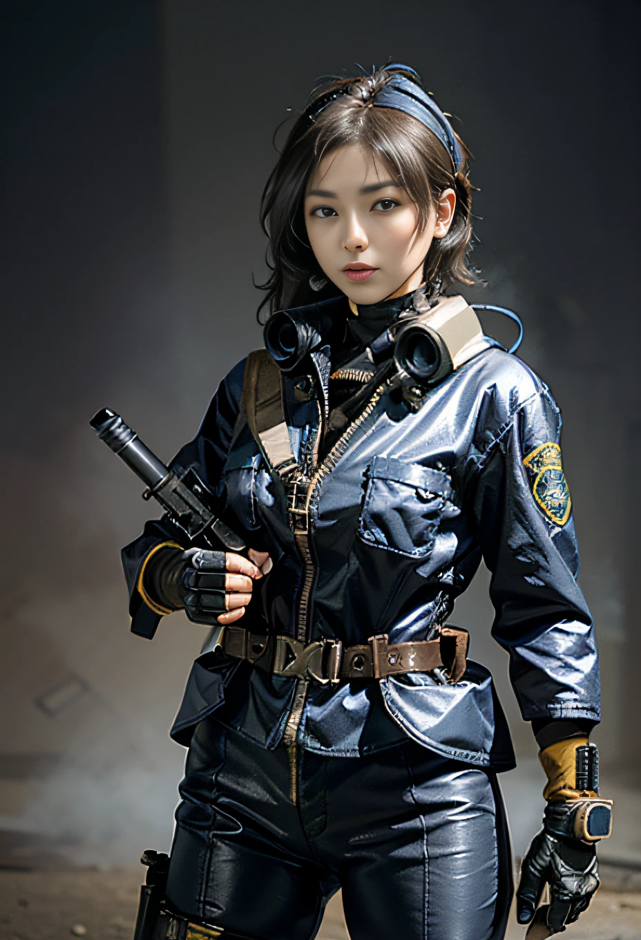Highest image quality, outstanding details, ultra-high resolution, (realism: 1.4), ((face shot:0.5)), the best illustration, favor details, highly condensed 1girl, with a delicate and beautiful face, ((cowboy shot)), (wearing racing suit likes police uniform, black and gray mecha, wearing high-tech headset and mask, military harness, holding a machinegun), peoples confusing, fires, smokes,