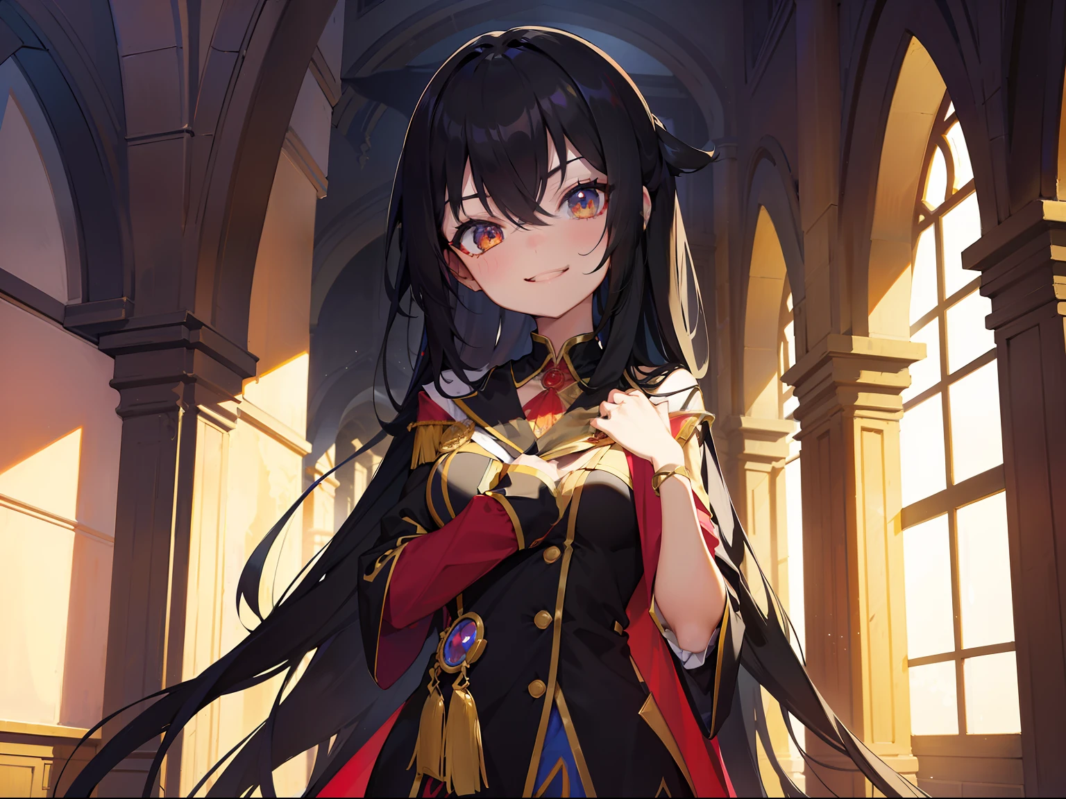 bright look,The smile is bright,Long black hair shawl。She loves to tease,And with a smug look。Dressed in brightly colored court costumes。Background with:Inside the magnificent palace,Candles flicker,The atmosphere seemed warm and oppressive。
