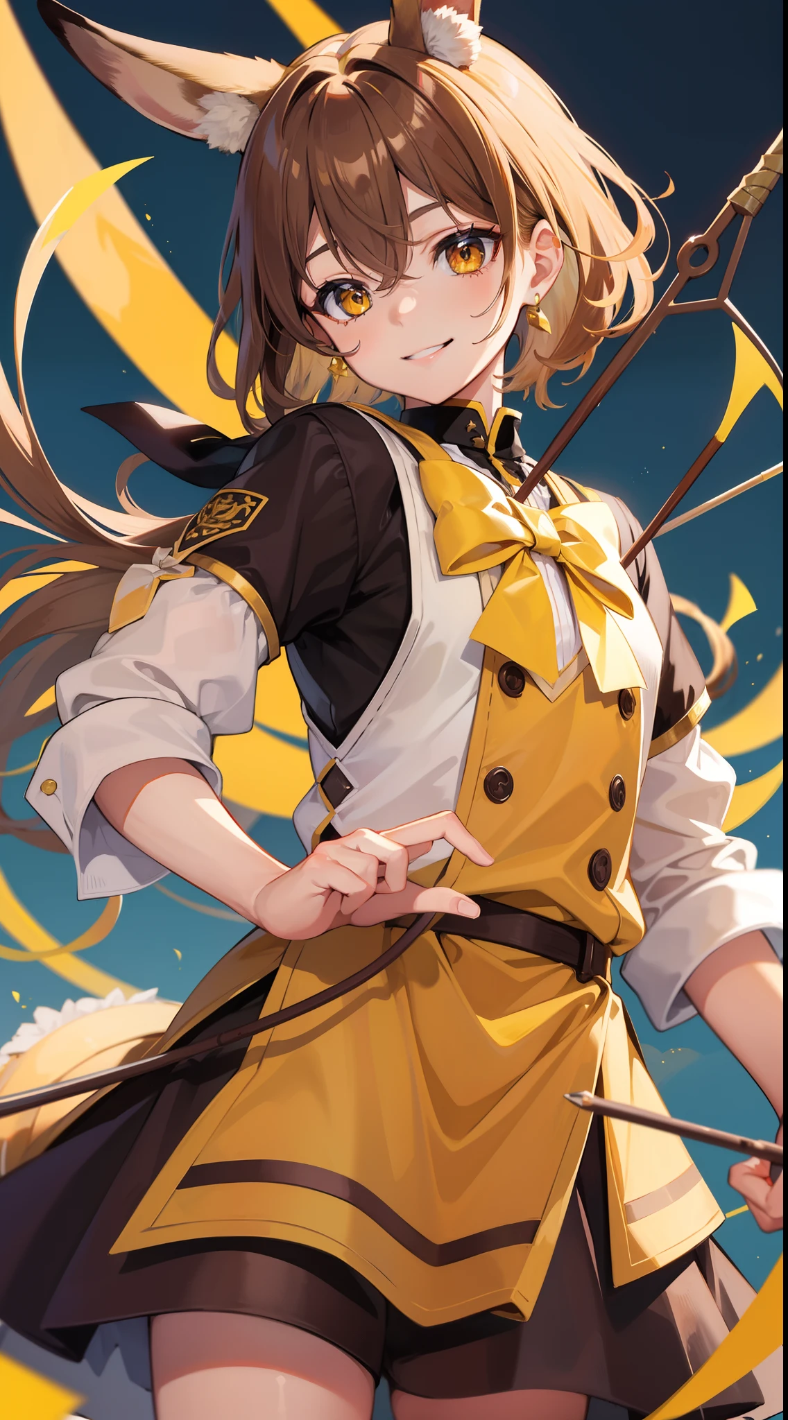 Young guy, Brown hair with blonde strands, Yellow eyes, brown rabbit ears, Smile, Bow and arrow, Masterpiece, hiquality