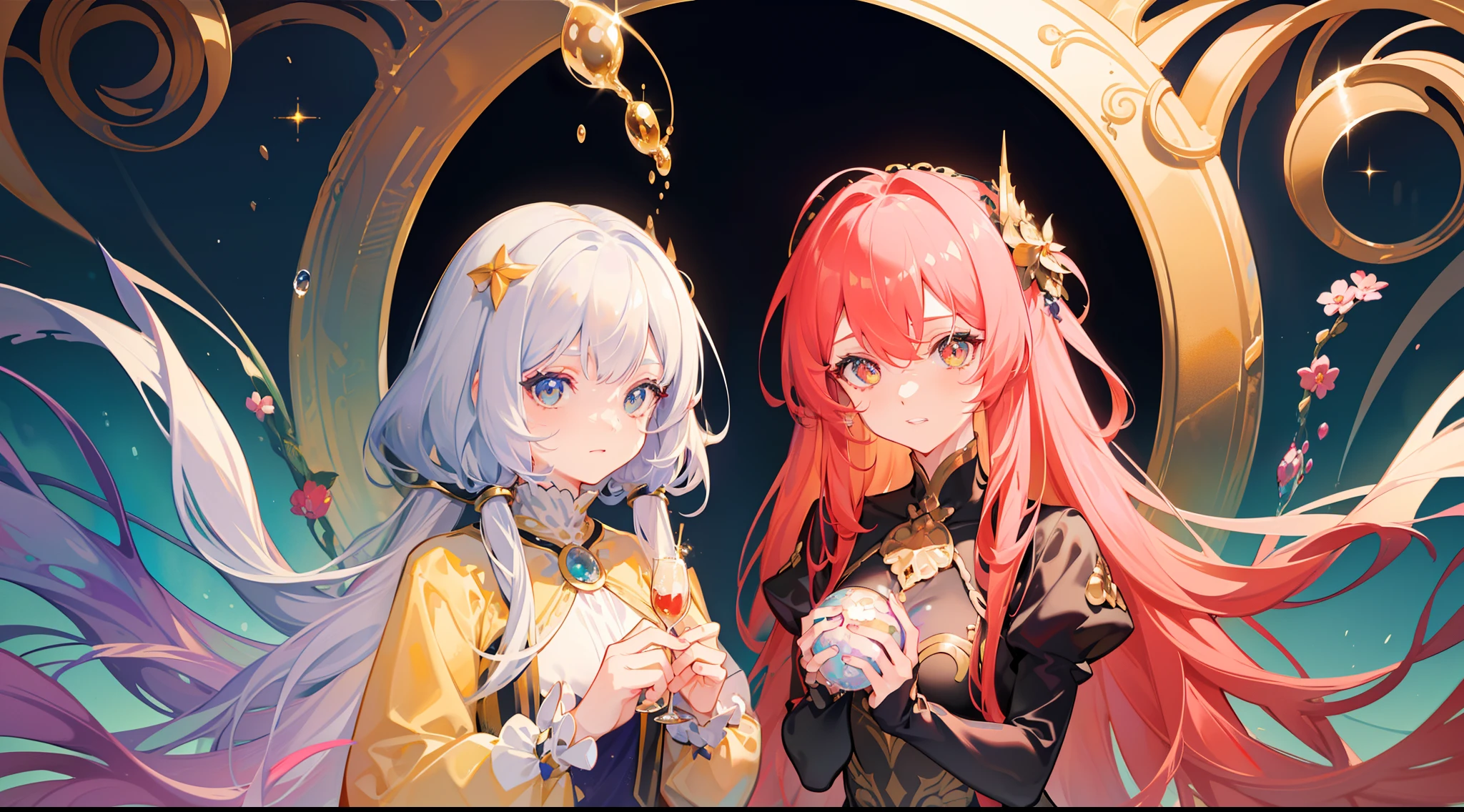 masterpiece, best quality, 8k resolution, sharp focus, intricate detail, beautiful girl, sparkling eyes, golden ratio face, otherworldly liquid, watercolor, warm colors, bright colors, whimsical, colorful, sharp focus, high resolution, fine detail, ((layered tiered puffy long sleeves ballgown)), ((round eyes)), iridescent bubbles, fantasia background