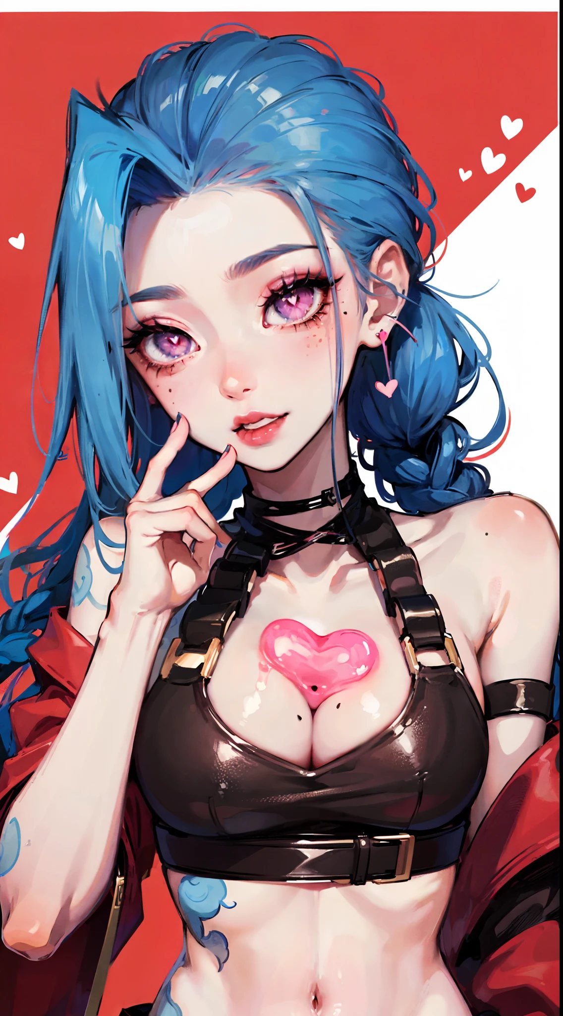 Jinx,White border on light red background，D-cups，,Superskirt，，Leaky belly button，High detail,ahegao face,Moles under eyes, Heart-shaped pupils，Love pupils，D-cups，cropped shoulders，Lots of hearts，Fleshy thighs,highly rendered，detailed face with