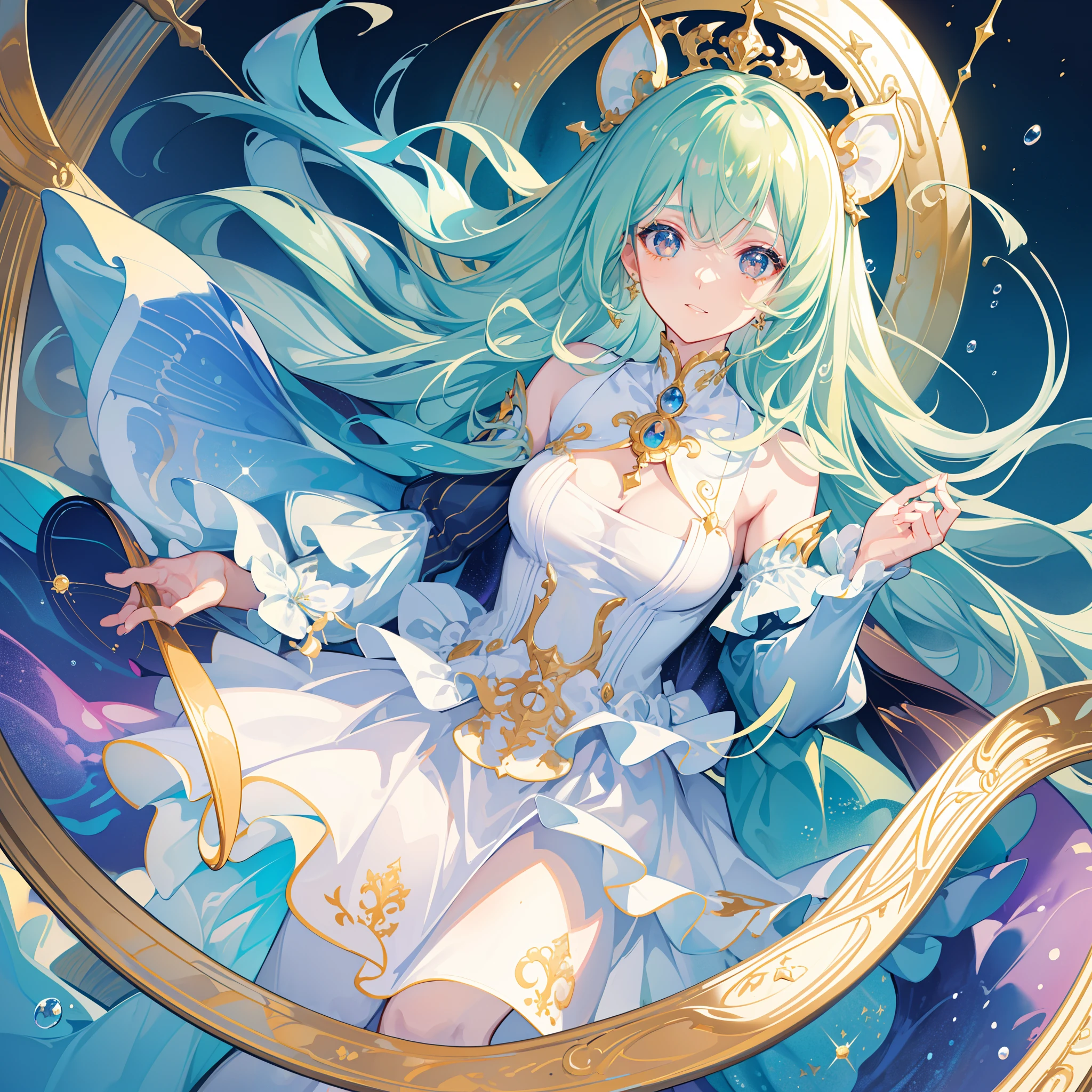 masterpiece, best quality, 8k resolution, sharp focus, intricate detail, beautiful girl, sparkling eyes, golden ratio face, otherworldly liquid, watercolor, cool colors, bright colors, whimsical, colorful, sharp focus, high resolution, fine detail, ((layered tiered puffy long sleeves ballgown)), ((round eyes)), iridescent bubbles, fantasia background
