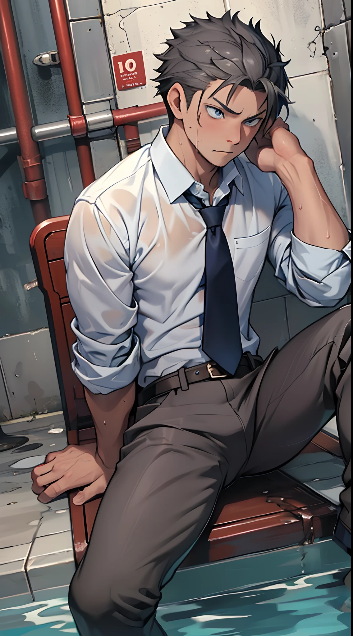 (1 Adult male),A high resolution, Sharp focus, Pixiv masterpiece, ((Complicated details)), highly detailed, natsuki_subaru, 1 man,perfect male figure,Urine on the trouser leg, Nervously bow your head,is shy,embarressed,exhilarated,is shocked,panicking,worry,A pool of urine formed around him,Very eager to pee,Unbearable,Wet yourself,Urine discharge,full bodyesbian,sit astride,Tired,decadent, blue color eyes(eyes glowing), Short gray hair,white shirt,Wear a tie,Wear a belt,trousers,perspire,Drenched,Get wet,pissing,urine flows down the pants,look from down