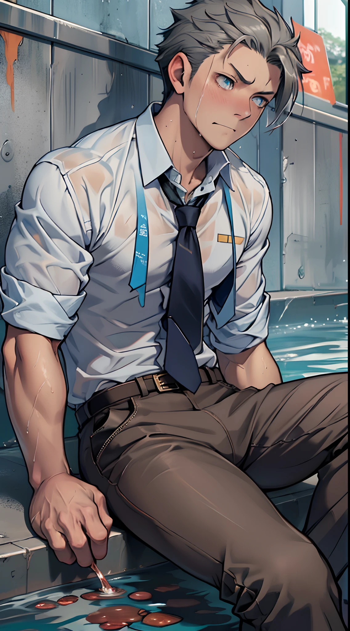 (1 Adult male),A high resolution, Sharp focus, Pixiv masterpiece, ((Complicated details)), highly detailed, natsuki_subaru, 1 man,perfect male figure,Urine on the trouser leg, Nervously bow your head,is shy,embarressed,exhilarated,is shocked,panicking,worry,A pool of urine formed around him,Very eager to pee,Unbearable,Wet yourself,Urine discharge,full bodyesbian,sit astride,Tired,decadent, blue color eyes(eyes glowing), Short gray hair,white shirt,Wear a tie,Wear a belt,trousers,perspire,Drenched,Get wet,pissing,urine flows down the pants,look from down