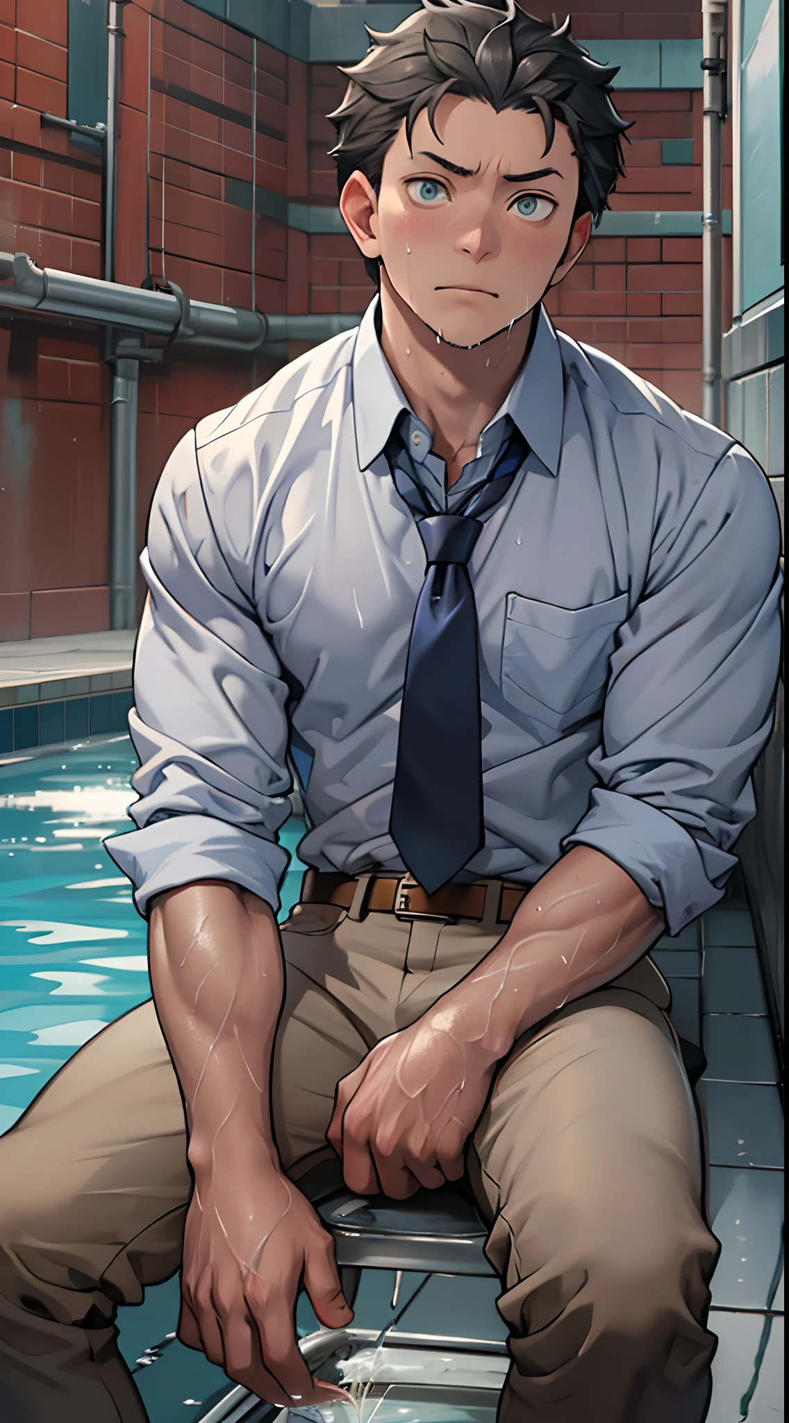 (1 Adult male),A high resolution, Sharp focus, Pixiv masterpiece, ((Complicated details)), highly detailed, natsuki_subaru, 1 man,perfect male figure,Urine on the trouser leg, Nervously bow your head,is shy,embarressed,exhilarated,is shocked,panicking,worry,A pool of urine formed around him,Very eager to pee,Unbearable,Wet yourself,Urine discharge,full bodyesbian,sit astride,Tired,decadent, blue color eyes(eyes glowing), Short gray hair,white shirt,Wear a tie,Wear a belt,trousers,perspire,Drenched,Get wet,pissing,urine flows down the pants,look from down
