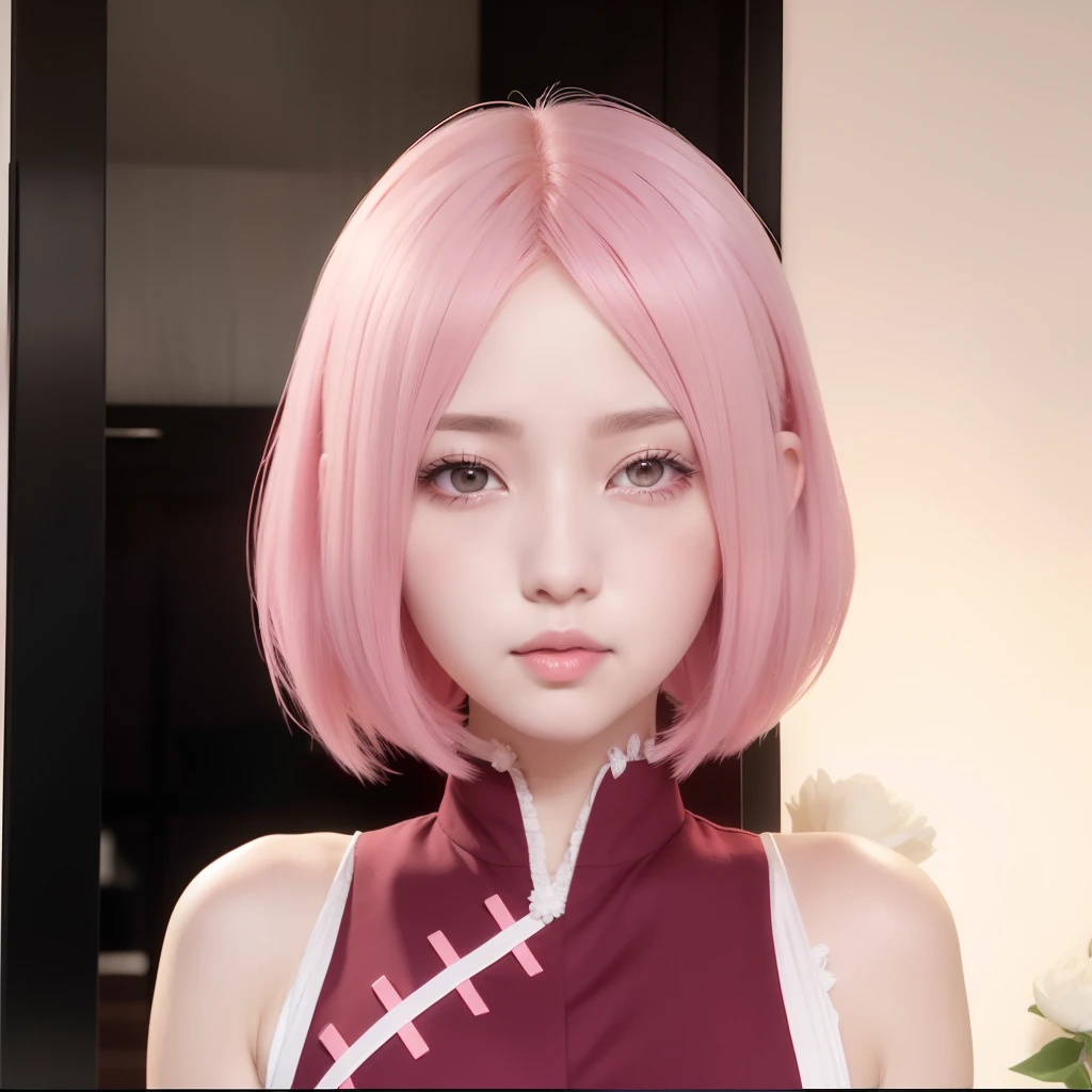 Sakura uchiha. A woman with short, fluffy pink hair. Wearing a red sleeveless kimono with white trim. His skin is so white. And her cheeks blushed. Her little red lips. He stared at sayu in the camera. She looks beautiful and realistic