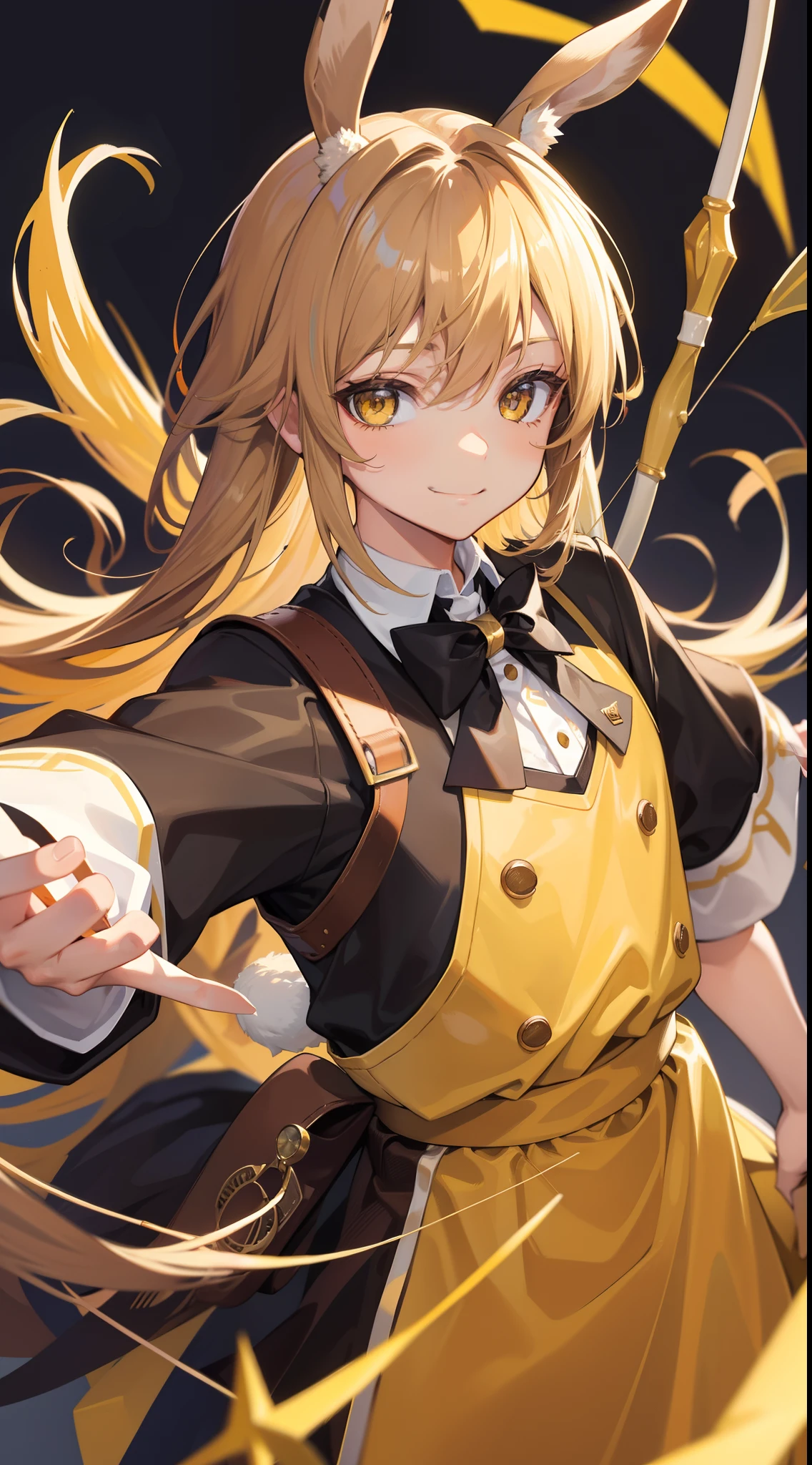 Young guy, Brown hair with blonde strands, Yellow eyes, brown rabbit ears, Smile, Bow and arrow, Masterpiece, hiquality