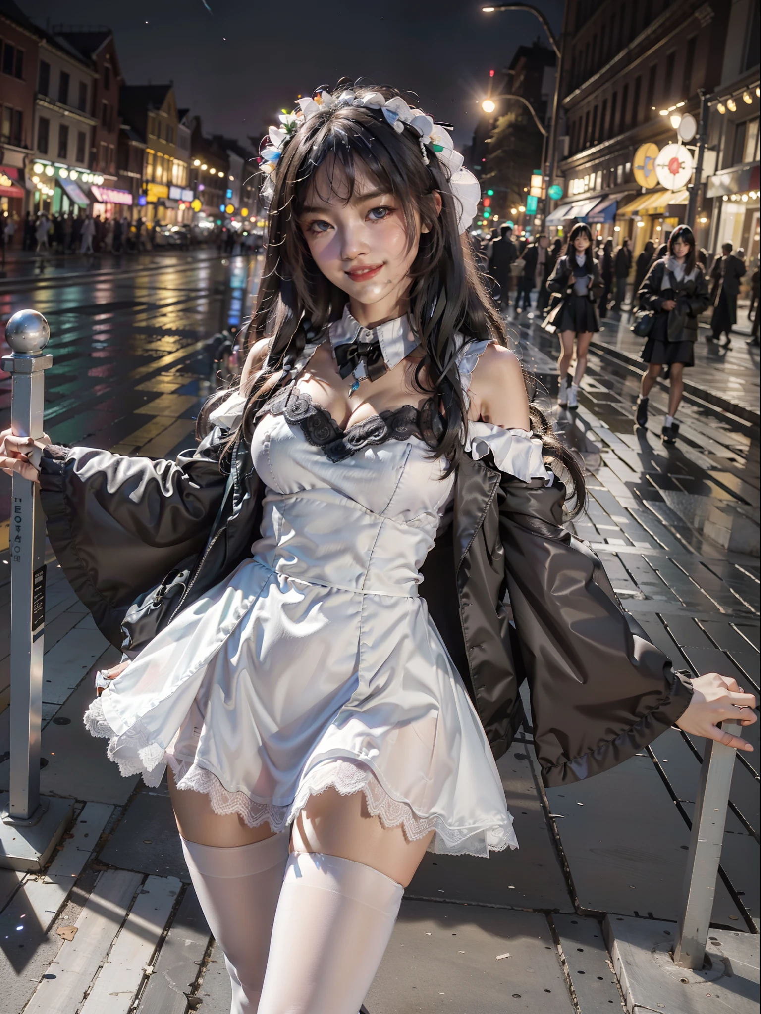 realistic, photorealistic, masterpiece, best quality, ultra high res, cool_dress, white argyle pantyhose, 1girl, solo, full body, bangs, long black hair, looking at viewer, cute, smile, detailed background,attractions , in street, colorful, night, arms behind