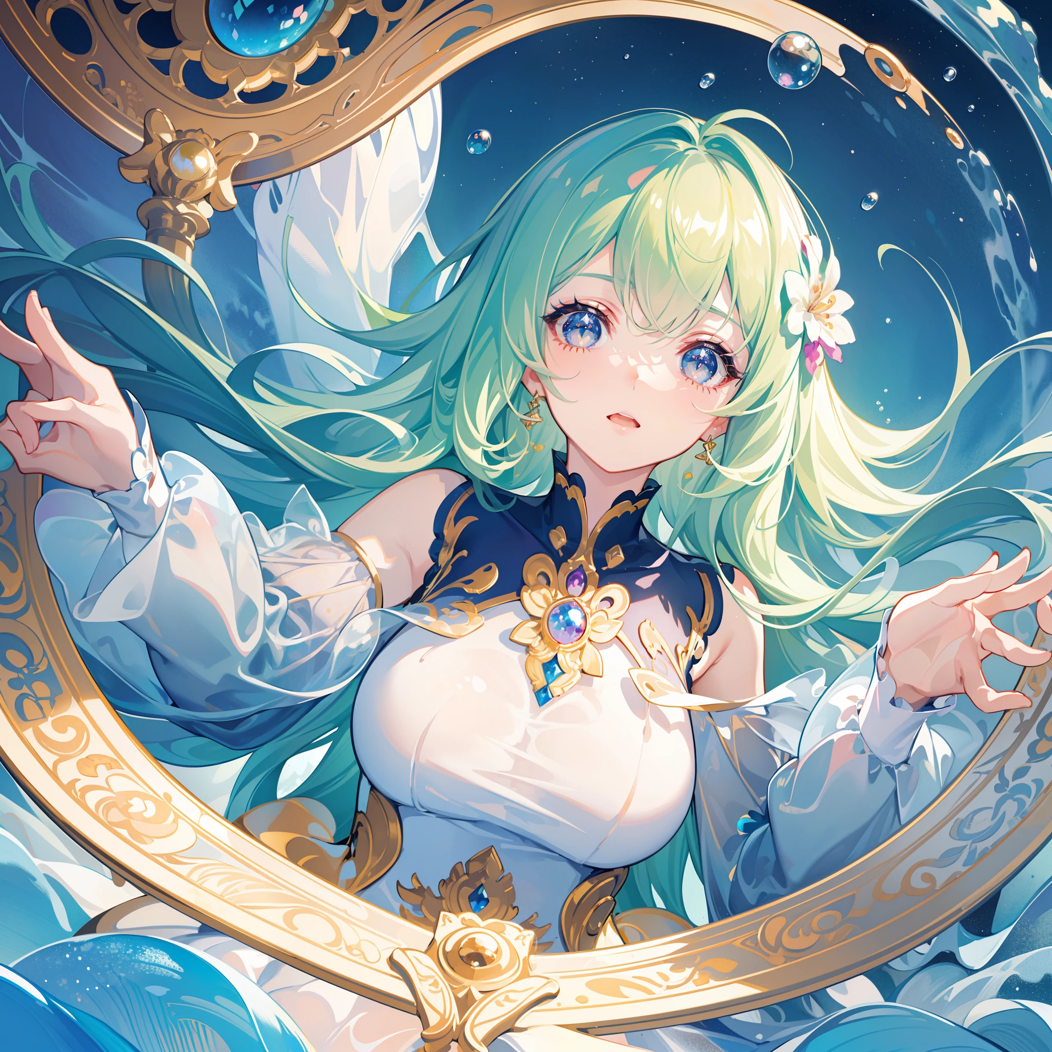 masterpiece, best quality, 8k resolution, sharp focus, intricate detail, beautiful girl, sparkling eyes, golden ratio face, otherworldly liquid, watercolor, cool colors, bright colors, whimsical, colorful, sharp focus, high resolution, fine detail, ((layered tiered puffy long sleeves ballgown)), ((round eyes)), iridescent bubbles, fantasia background