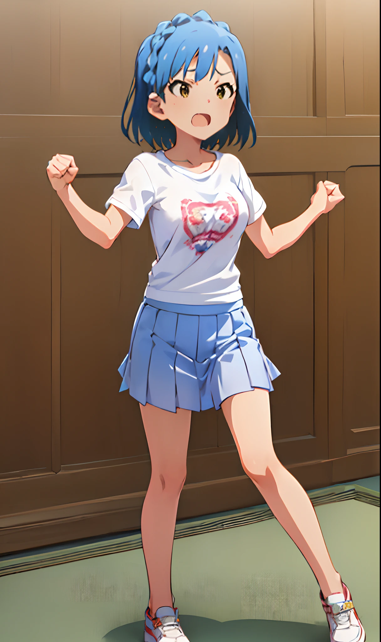 yuriko nanao (million live). Short stature. (((white t-shirts))).(((Skirt))).(((masterpiece))).(((best quality))).((Ultra-detailed))).(((illustratio))). (((fighting stance))).(((a room))).(((Clench your fists))).(((up chest))).Despair face.(((short-hair))).((big breasts)).((Opening Mouth)).