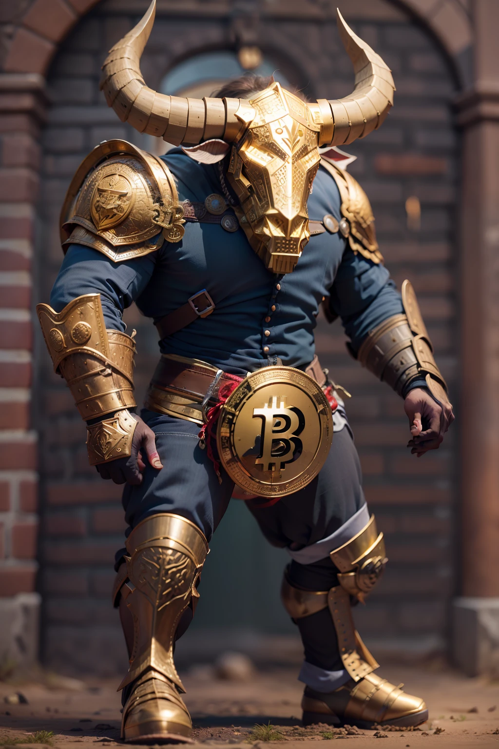 ( Detailed description ) ( melhor qualidade ) Man with bull's head, com armadura dourada, usando uma medalha dourada em formato de bitcoin