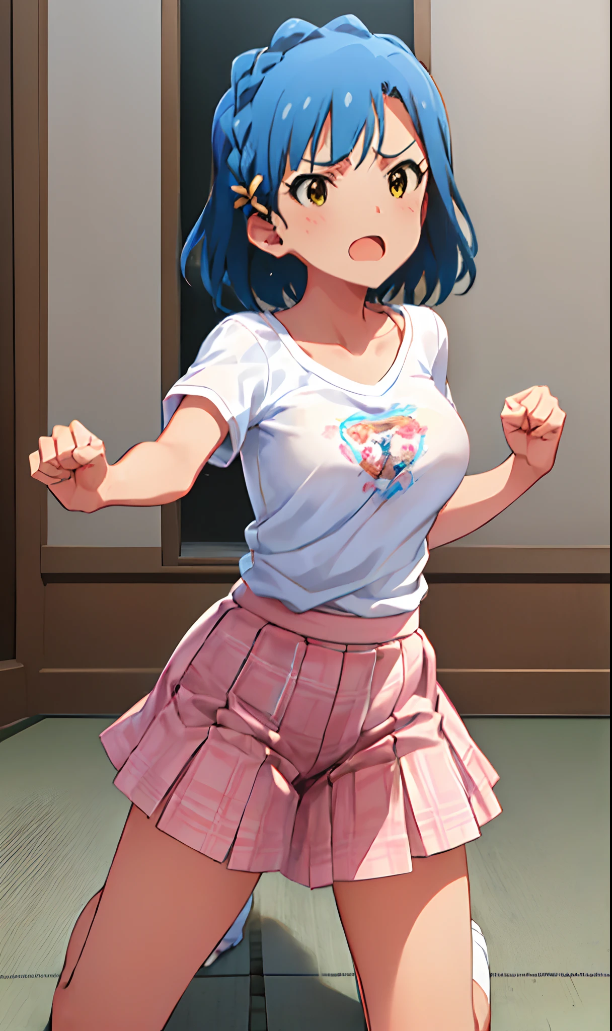 yuriko nanao (million live). Short stature. (((white t-shirts))).(((Skirt))).(((masterpiece))).(((best quality))).((Ultra-detailed))).(((illustratio))). (((fighting stance))).(((a room))).(((Clench your fists))).(((up chest))).Despair face.(((short-hair))).((big breasts)).((Opening Mouth)).