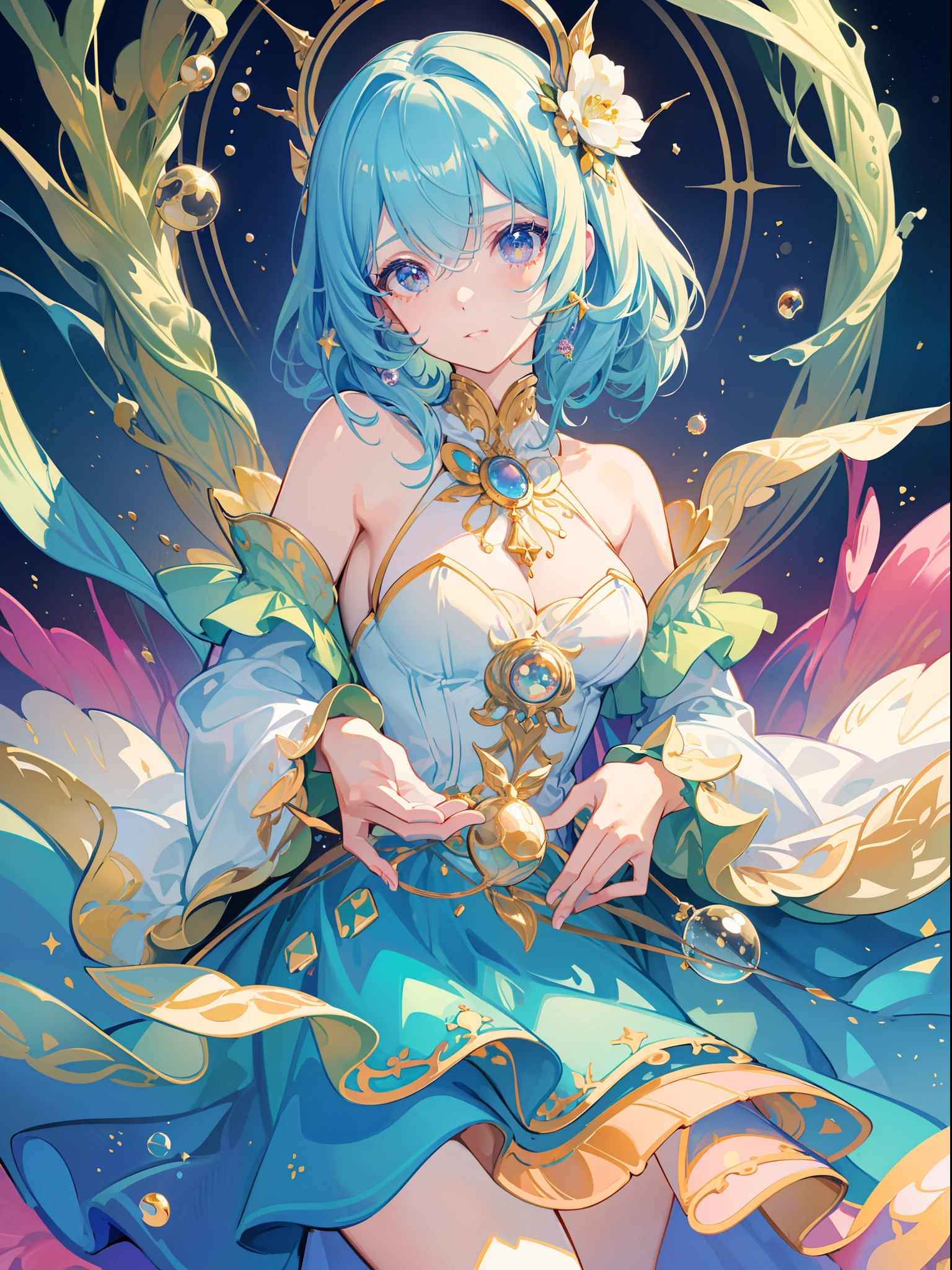 masterpiece, best quality, 8k resolution, sharp focus, intricate detail, beautiful girl, sparkling eyes, golden ratio face, otherworldly liquid, watercolor, cool colors, bright colors, whimsical, colorful, sharp focus, high resolution, fine detail, ((layered tiered puffy long sleeves ballgown)), ((round eyes)), iridescent bubbles, fantasia background