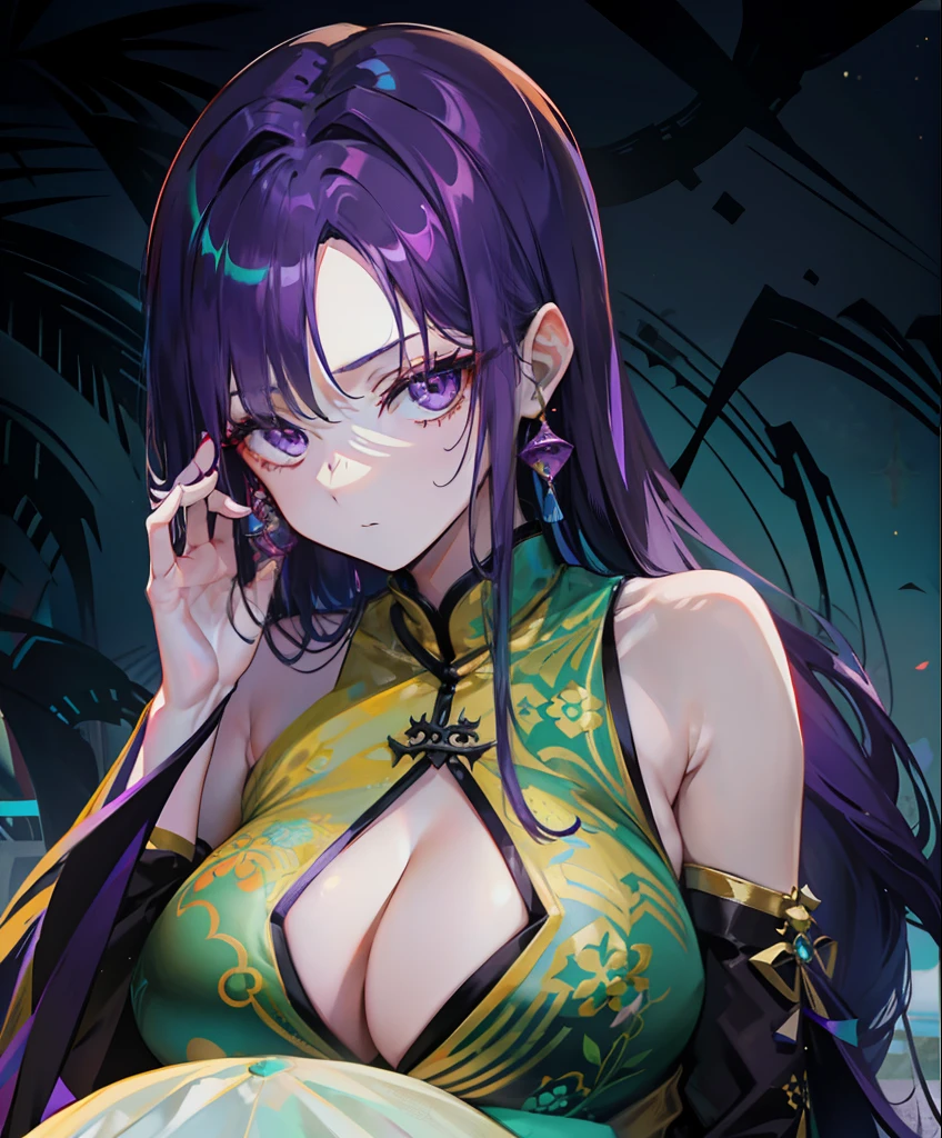 Long hair with a hint of purple glow，Wear a transparent emerald orange pattern cheongsam，The head is decorated with turquoise golden yellow，She is a queen-type girl，The sense of oppression and contempt is strong