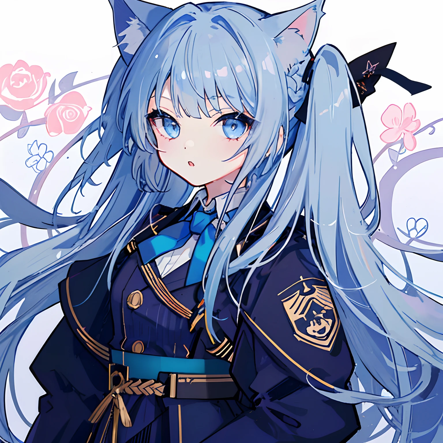 1 girl in、Cat's ears、length hair、lightblue hair,military outfits,Goth **** Fashion,neck tie,Military uniforms made by artisans,Twin-tailed,Braiding