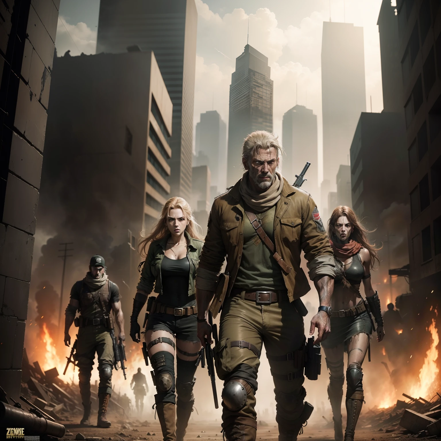 Post apocalyptic survival, mercenaries, a group of man and women fighting zombies, poster style