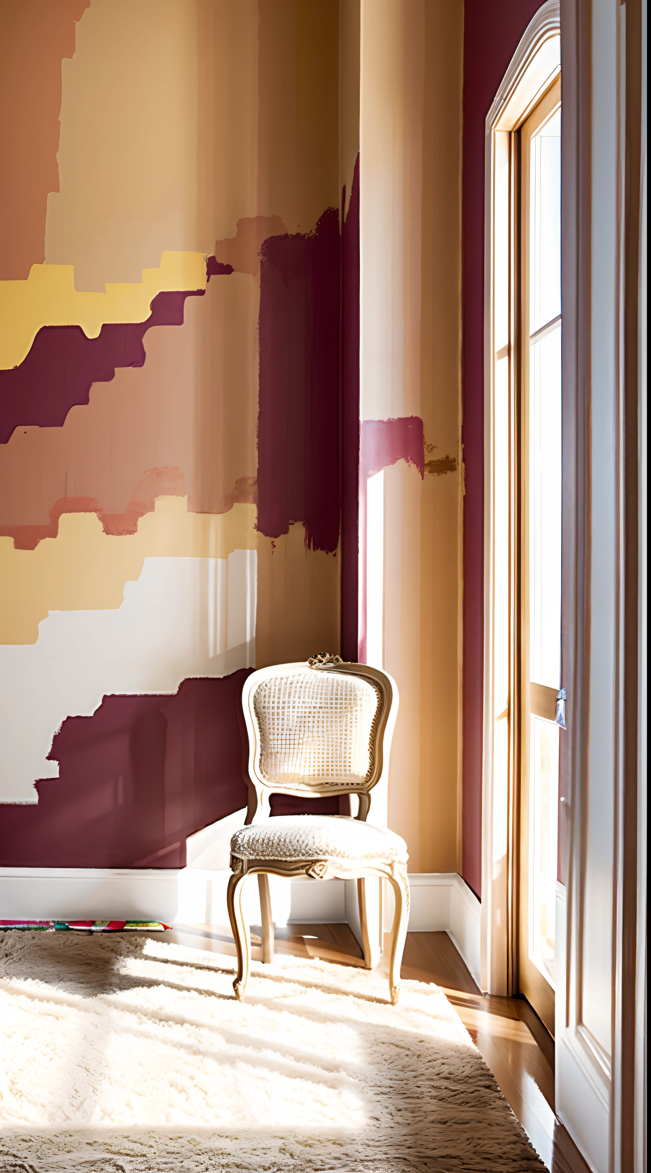 A room with french vanilla color, decorated with: painting, chair.