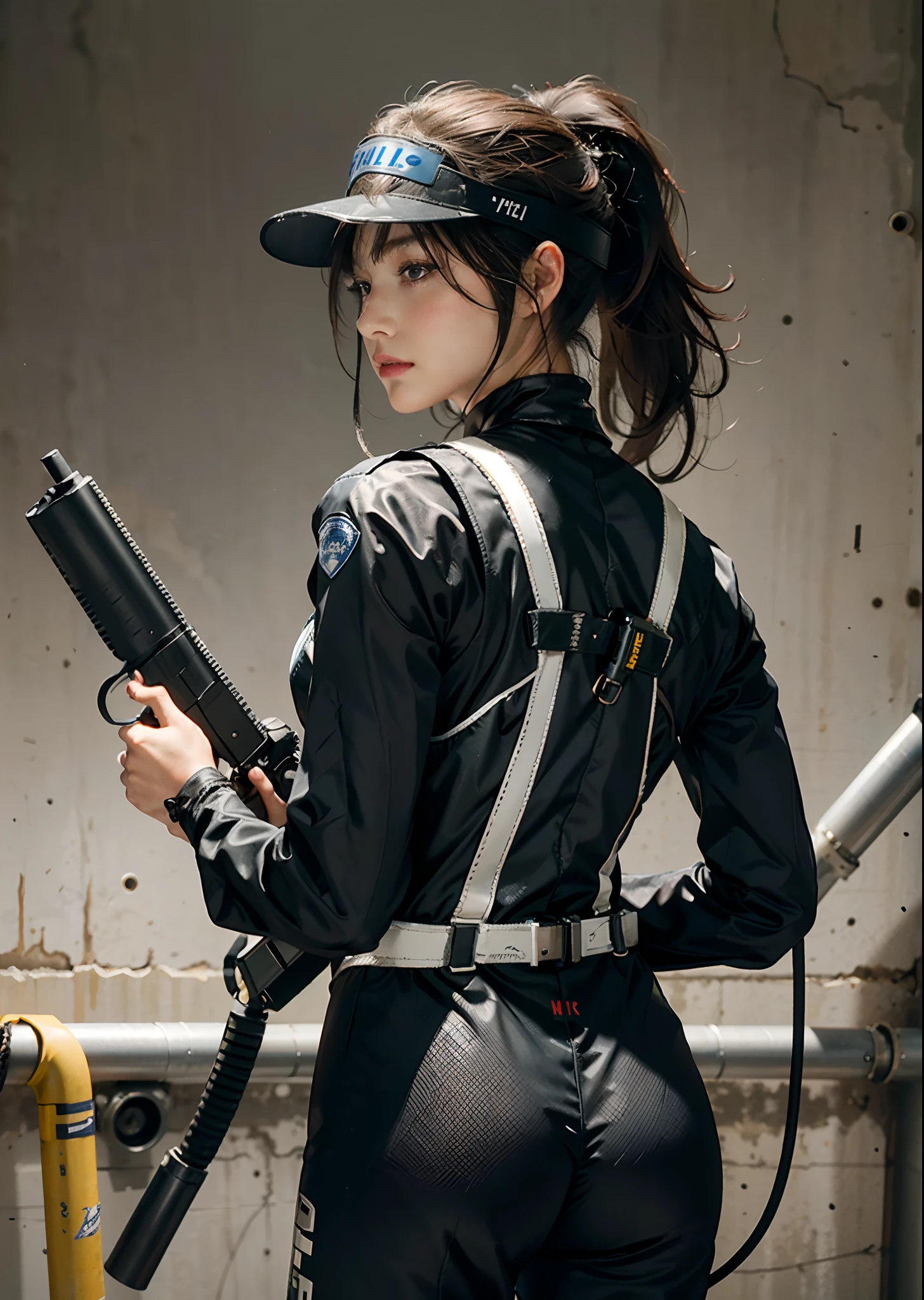 Highest image quality, outstanding details, ultra-high resolution, (realism: 1.4), (cowboy shot, from behind, looking away), highly condensed 1girl, with a delicate and beautiful face, battle posture, ((holding a gun at the ready)), ponytail, captain, (perfect proportion, muscular:1.25, chubby:0.65), (wearing racing suit likes police uniform, black and gray mecha, wearing a visor, military harness, hanging grenades at harness, holding a machinegun), background simple grey wall,