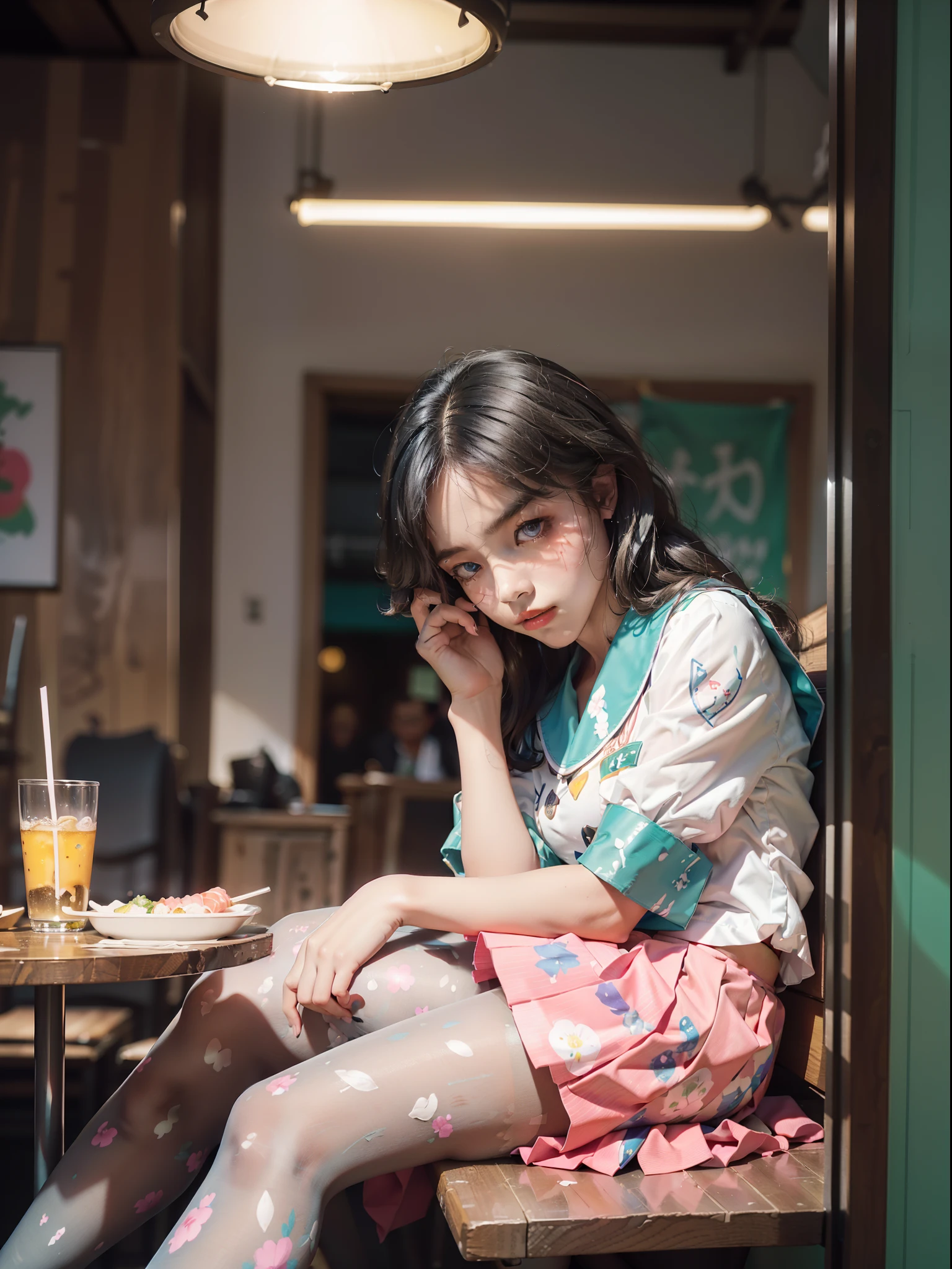(full bodyesbian:1.5),(1girll:1.3),(view the viewer:1.4),(anatomy correct:1.45),(Sitting in a restaurant eating sushi:1.35),(Very thick printed pantyhose:1.4),( A woman wears a printed fantasy colorful JK student uniform pleated skirt and uniform pointed-toe high heeled leather shoes :1.35), (Light particle effect:1.3),(In pink | amarelo | blue colors| green color |red colour | white colors| black in color| purpleish color| greys| Beige| Flesh color 1.4),(Glowing eyes:1.3),(Large amplitude action: 1.3),(Accurate and perfect face:1.4),hyper HD, Ray traching, reflective light,structurally correct, Award-Awarded, High detail, Fade-in and fade-out shadow contrast, Face lighting,cinmatic lighting, tmasterpiece, super detailing, High quality, High detail, Best quality, 16k,High contrast,