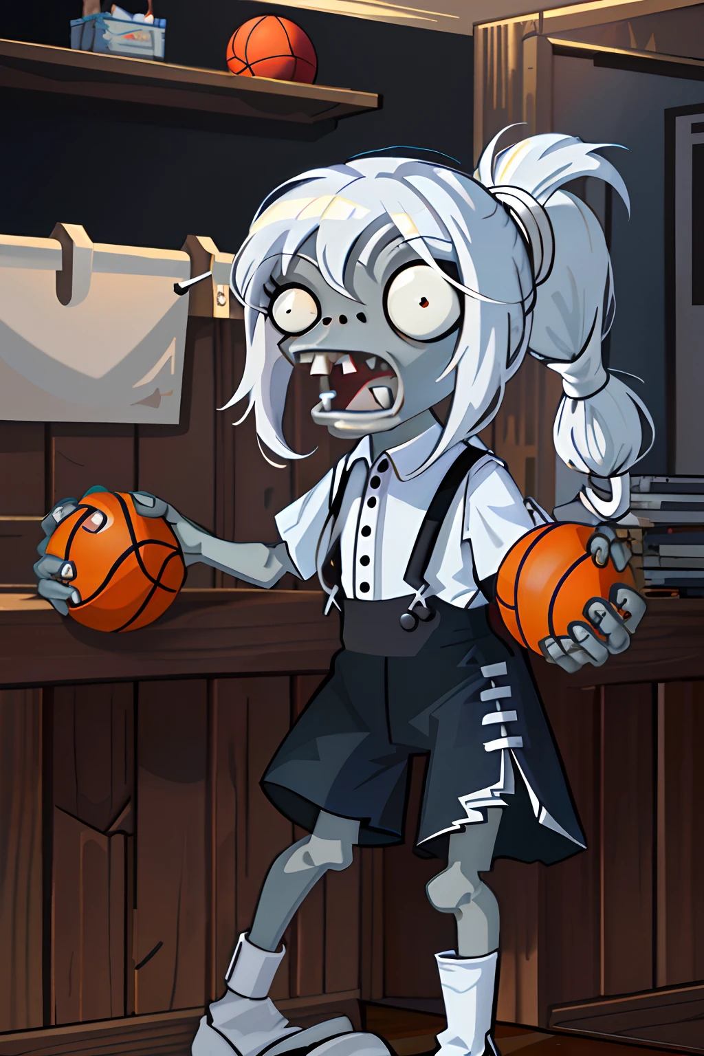 P vs.CU\（Behold the\）， long whitr hair， roleplaying， Off-white hair， long whitr hair， torn laundry， tiese， Mimic， crossover， upper legs， with her mouth open， tack sharp focus，basketball ball， White straps，Black suspenders