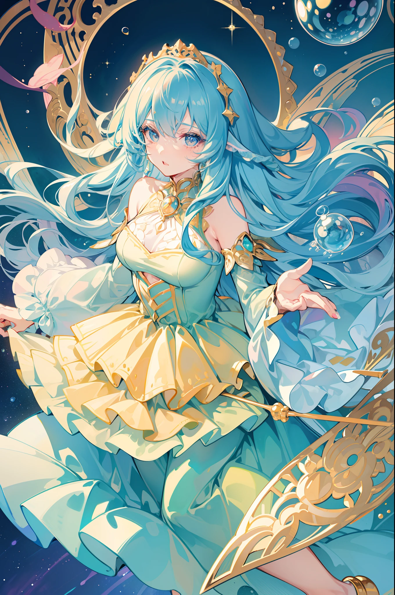 masterpiece, best quality, 8k resolution, sharp focus, intricate detail, beautiful girl, sparkling eyes, golden ratio face, otherworldly liquid, watercolor, sunset colors, bright colors, whimsical, colorful, sharp focus, high resolution, fine detail, ((layered tiered puffy long sleeves ballgown)), ((round eyes)), iridescent bubbles, fantasia background