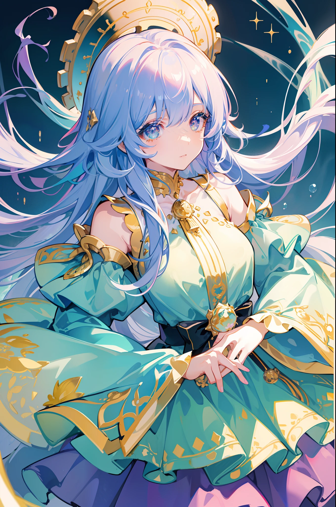 masterpiece, best quality, 8k resolution, sharp focus, intricate detail, beautiful girl, sparkling eyes, golden ratio face, otherworldly liquid, watercolor, cool colors, bright colors, whimsical, colorful, sharp focus, high resolution, fine detail, ((layered tiered puffy long sleeves ballgown)), ((round eyes)), iridescent bubbles, fantasia background