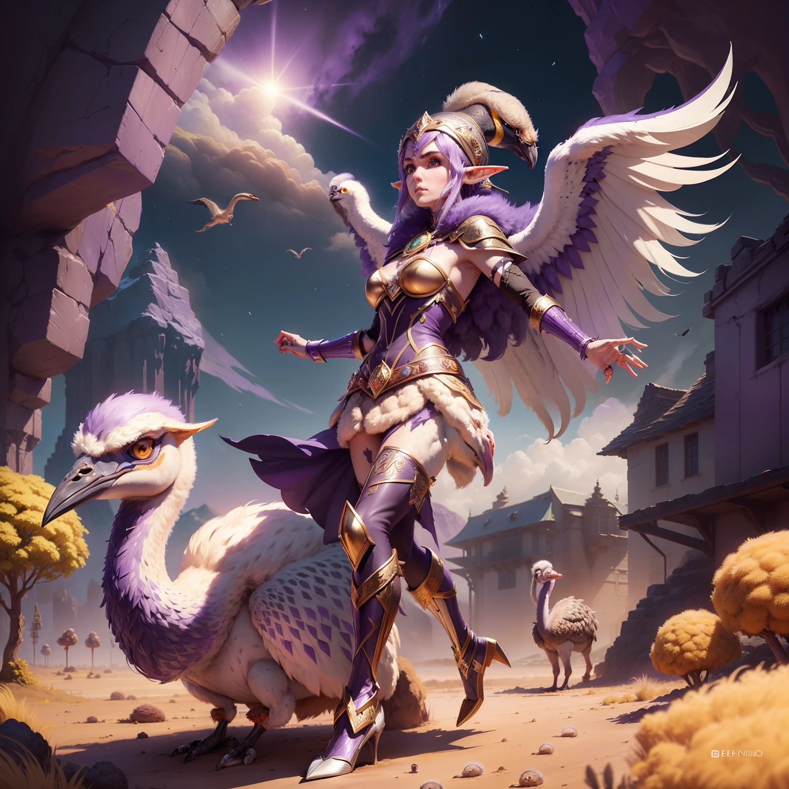 Vast image of Bitcoin mining,(((Elf roxo, Warrior elder with ostrich wings))), Style: illustration, surrealism, ((cristais de ametista))ouro Bitcoin,ouro