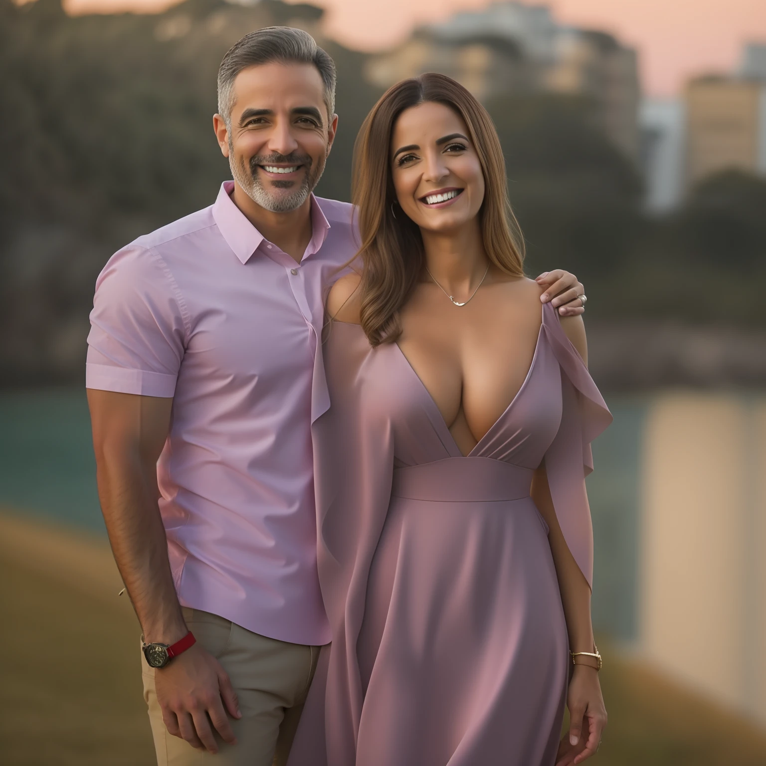 Casal feliz pousando para uma foto, imagem realista, qualidade 8k