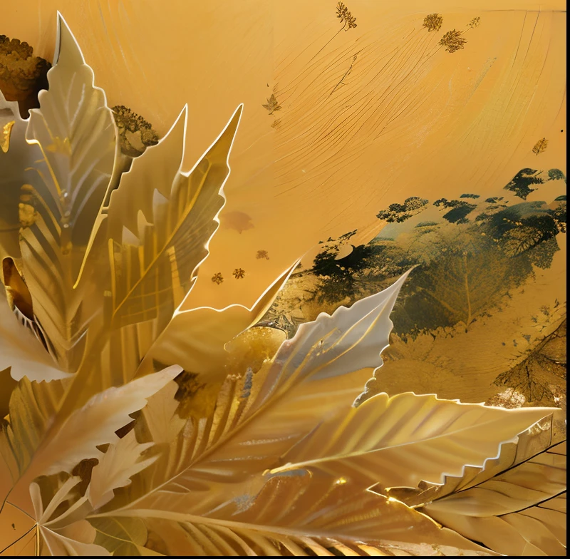 Gold leaves, touch of gold leaf, Gold leaf art, touch of gold leaf, gold leaf painting, gold foil texture, Fractal leaves, Golden leaves, gold leaves, Cannabis leaves in the background, wind blowing leaves, Cannabis organic painting, wind blowing leaves, mythical floral hills, scenery art detailed