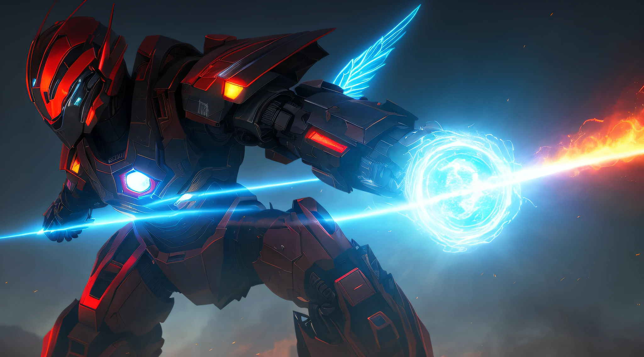 1robot fighting monsters , glowing eyes, glowing armor, red and blue mecha \(mjstyle\) ,zhongfenghua, wings ((cinematic lighting, high key, high contrast, )) (reflective , hard surface, omit details, ) smoke, fire, explosions,energy beams
dynamic angle, dynamic pose , weapon, (photorealistic:1.5) depth of field, sunny sky, strong sunlight, lens glare,
official art, unity 8k wallpaper, ultra detailed, beautiful and aesthetic, realistic, (fractal art), epic scene, highres, (masterpiece), (best quality), pov from below